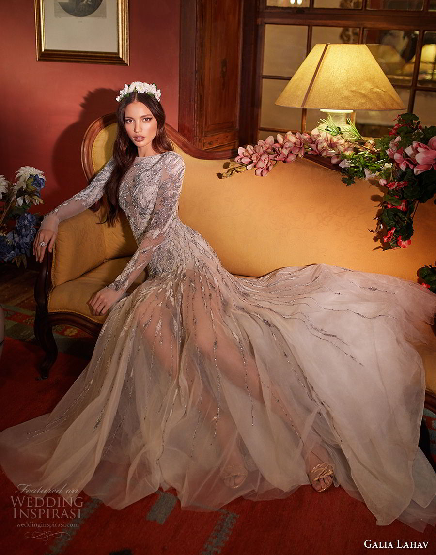 galia lahav couture fall 2018 bridal long sleeves bateau neck heavily embellished bodice elegant glamorous drop waist a line wedding dress open v back short train (5) mv galia lahav couture fall 2018 bridal long sleeves bateau neck heavily embellished bodice elegant glamorous drop waist a line wedding dress open v back short train (5) mv