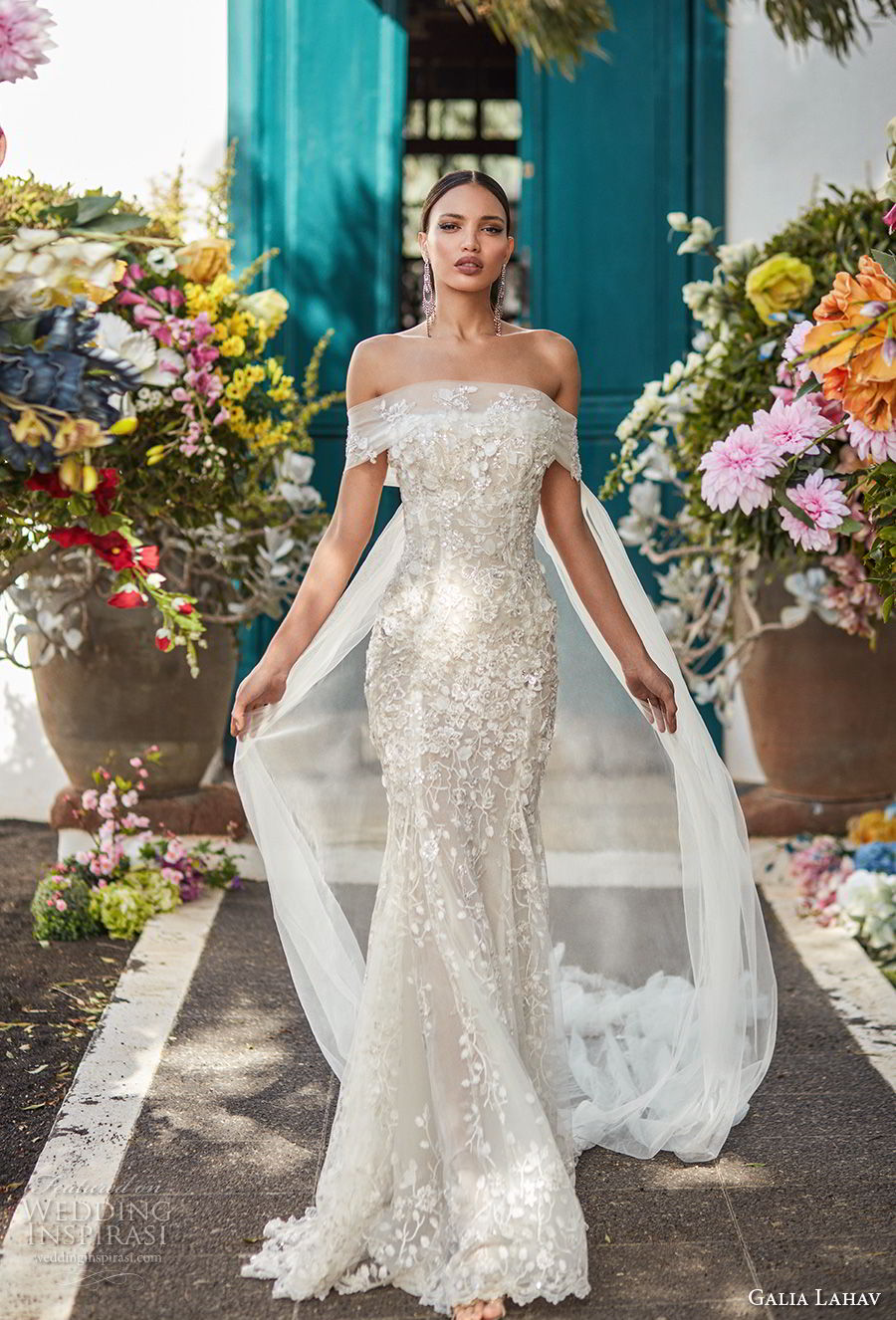 galia lahav couture fall 2018 bridal off the shoulder straight across neckline full embellishment elegant fit and flare wedding dress sweep train (16) mv