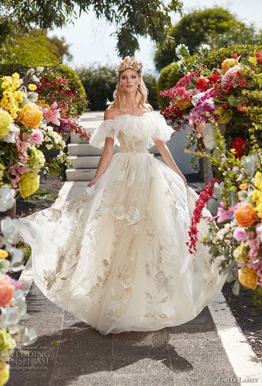 galia lahav couture fall 2018 bridal short sleeves off the shoulder full embellishment romantic princess a line wedding dress sweep train (15) mv galia lahav couture fall 2018 bridal short sleeves off the shoulder full embellishment romantic princess a line wedding dress sweep train (15) mv