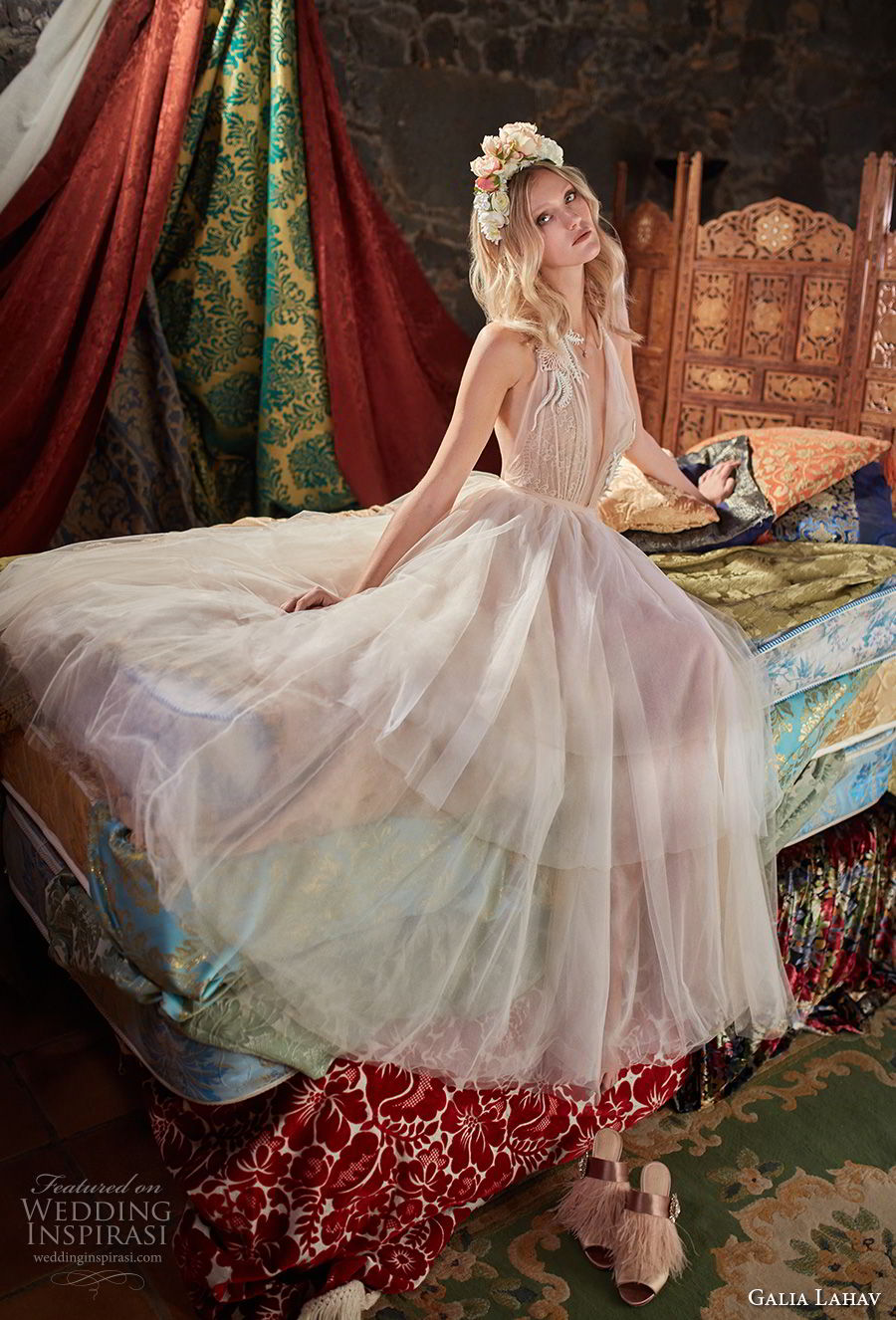 galia lahav couture fall 2018 bridal sleeveless deep plunging v neck lightly embellished bodice multicolor pastel pink romantic a line wedding dress (3) mv galia lahav couture fall 2018 bridal sleeveless deep plunging v neck lightly embellished bodice multicolor pastel pink romantic a line wedding dress (3) mv