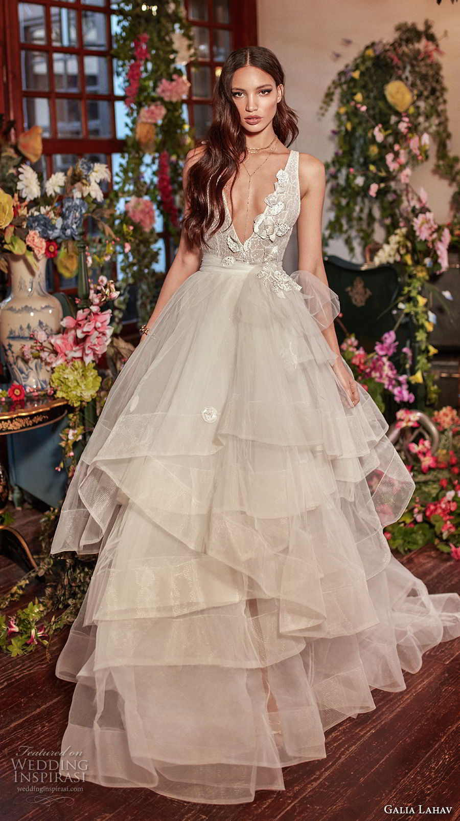 galia lahav couture fall 2018 bridal sleeveless deep v neck heavily embellished bodice tulle layered skirt sexy romantic a line wedding dress open back medium train (8) mv galia lahav couture fall 2018 bridal sleeveless deep v neck heavily embellished bodice tulle layered skirt sexy romantic a line wedding dress open back medium train (8) mv