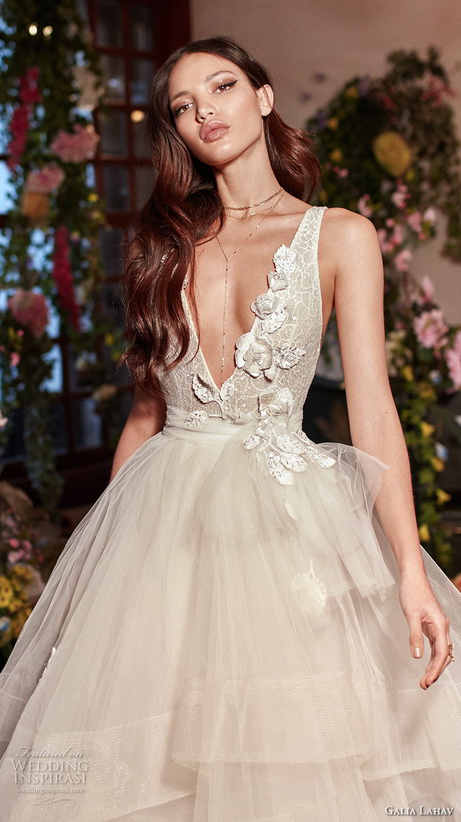 galia lahav couture fall 2018 bridal sleeveless deep v neck heavily embellished bodice tulle layered skirt sexy romantic a  line wedding dress open back medium train (8) zv