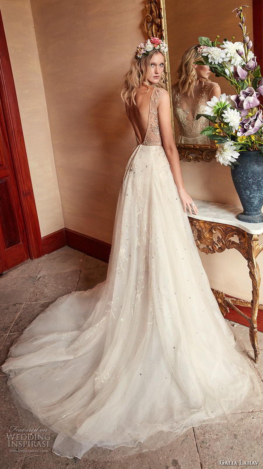 galia lahav couture fall 2018 bridal sleeveless deep v sweetheart necklne heavily embellished bodice champagne romantic soft a  line wedding dress open v back chapel (13) bv 