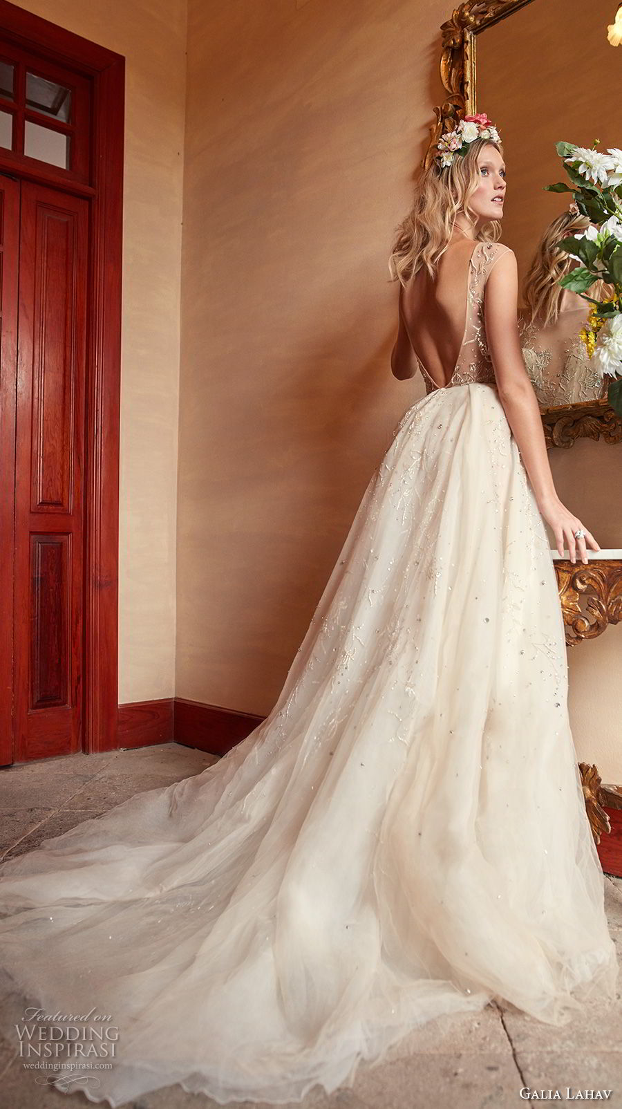 galia lahav couture fall 2018 bridal sleeveless deep v sweetheart necklne heavily embellished bodice champagne romantic soft a line wedding dress open v back chapel (13) bv galia lahav couture fall 2018 bridal sleeveless deep v sweetheart necklne heavily embellished bodice champagne romantic soft a line wedding dress open v back chapel (13) bv