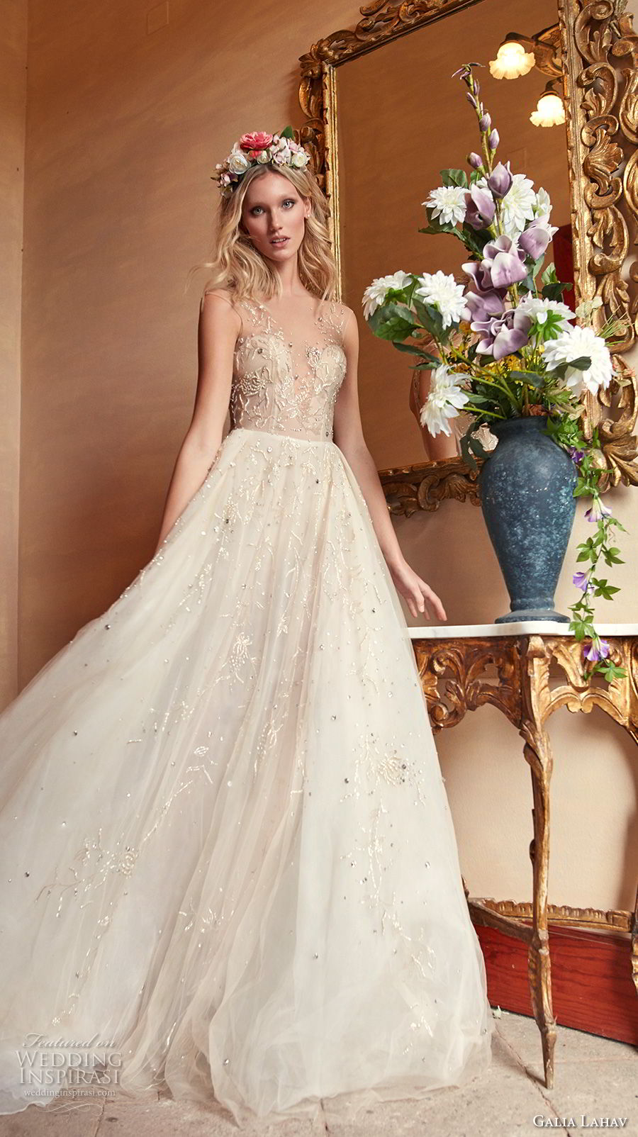 galia lahav couture fall 2018 bridal sleeveless deep v sweetheart necklne heavily embellished bodice champagne romantic soft a line wedding dress open v back chapel (13) mv galia lahav couture fall 2018 bridal sleeveless deep v sweetheart necklne heavily embellished bodice champagne romantic soft a line wedding dress open v back chapel (13) mv