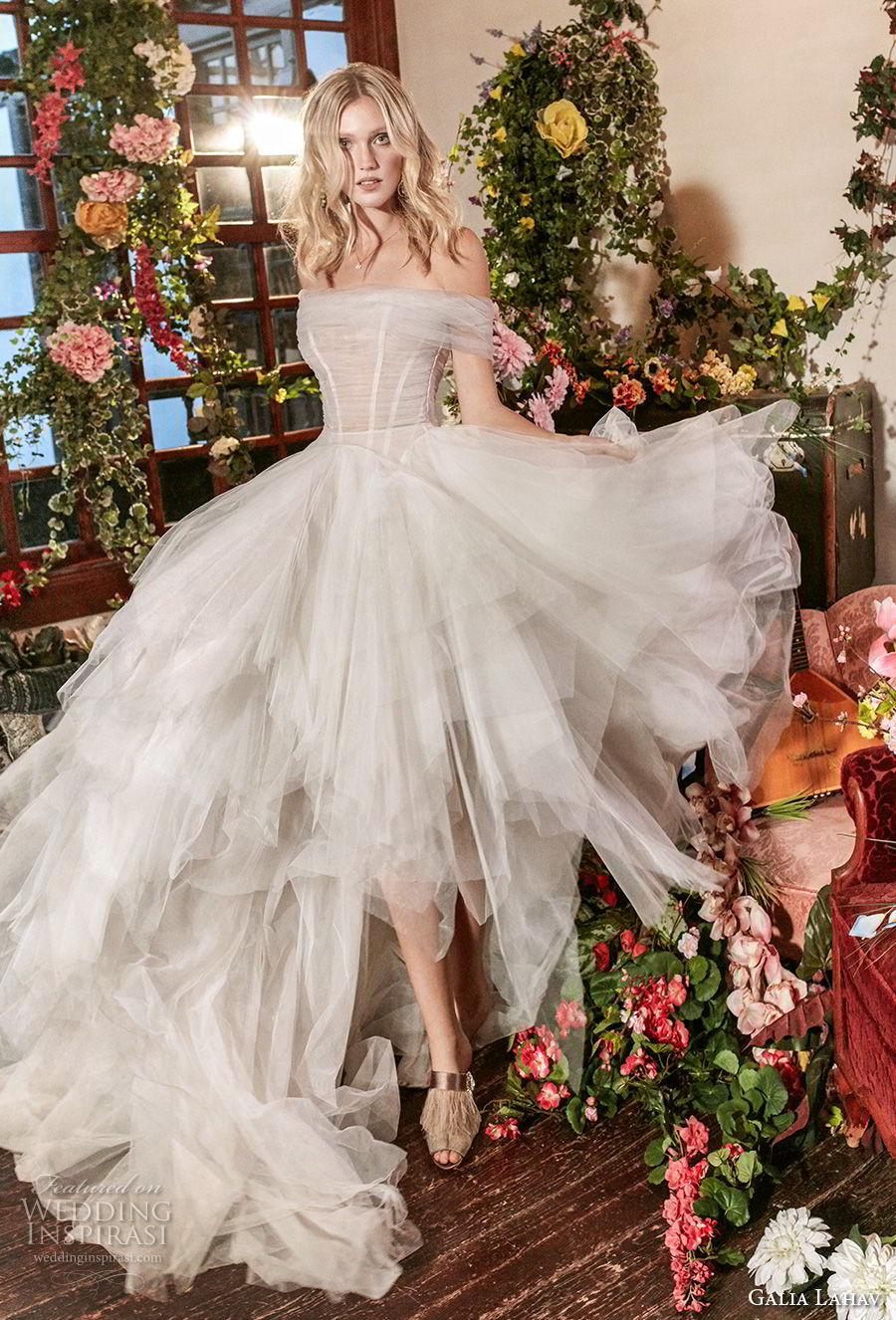 galia lahav couture fall 2018 bridal strapless off the shouder ruched bodice tulle layered skirt romantic a  line wedding dress chapel train (7) mv