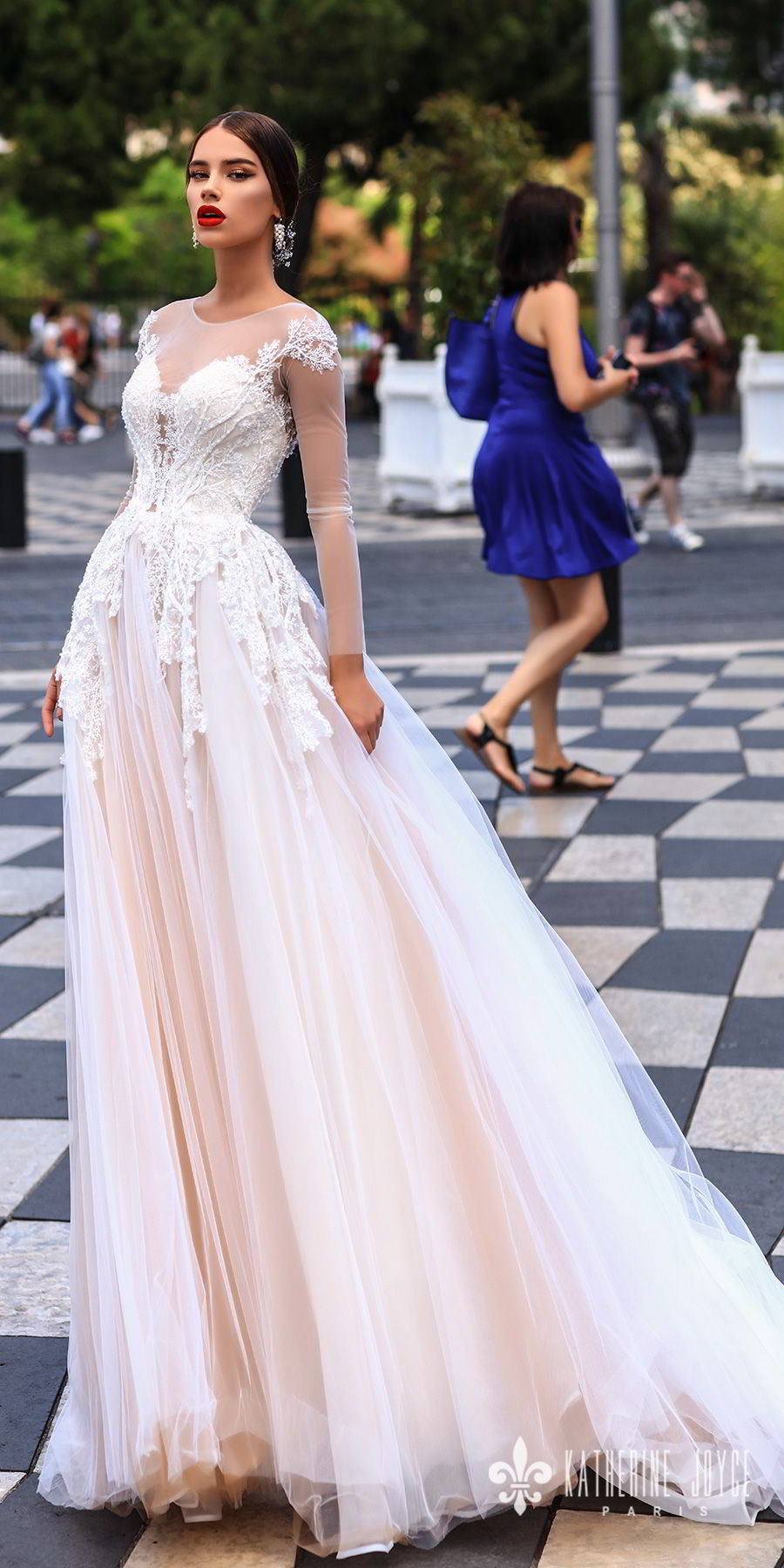 katherine joyce 2018 bridal long sleeves sheer jewel neck sweetheart neckline heavily embellished bodice tulle skirt romantic blush a  line wedding dress sheer back chapel train (dolores) mv