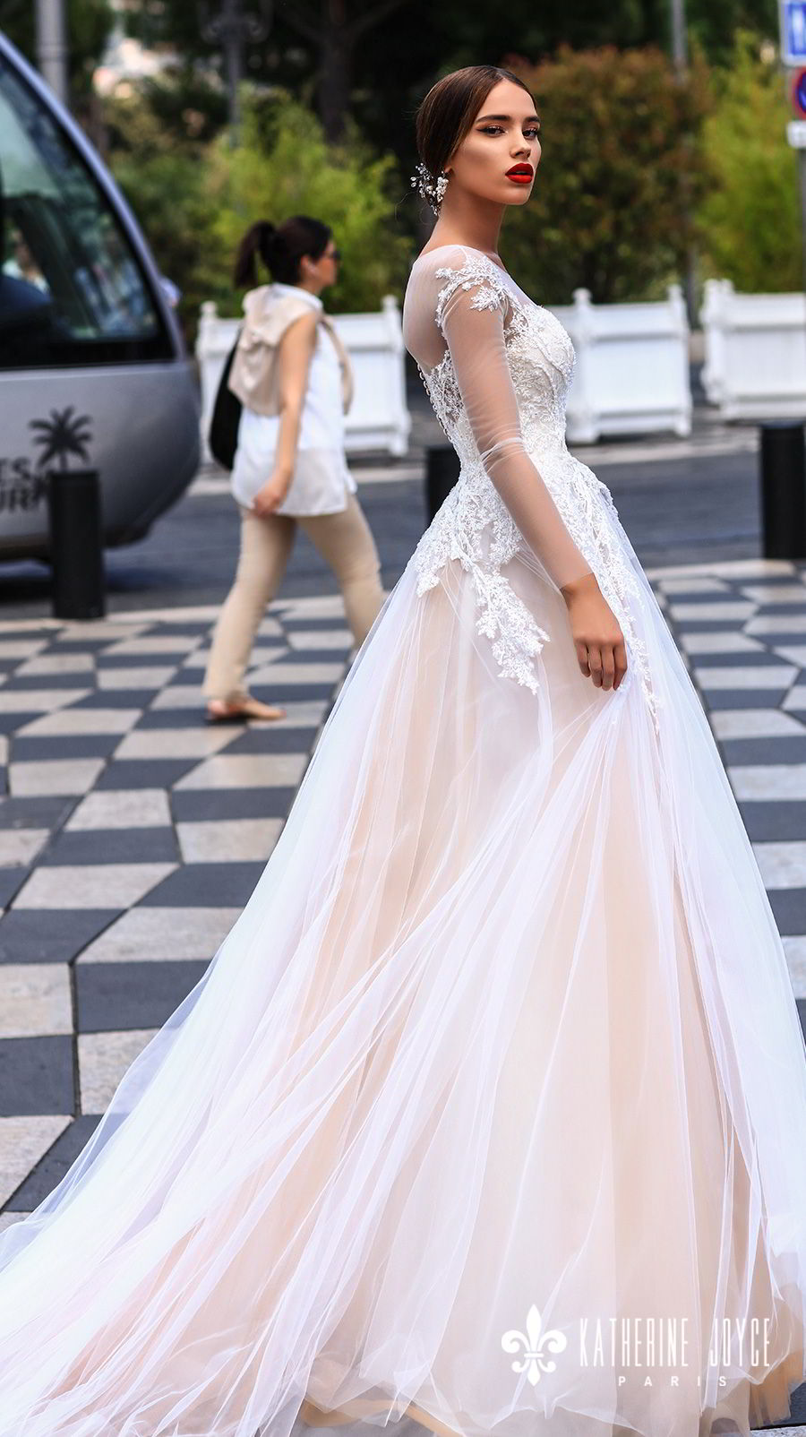 katherine joyce 2018 bridal long sleeves sheer jewel neck sweetheart neckline heavily embellished bodice tulle skirt romantic blush a  line wedding dress sheer back chapel train (dolores) sdv