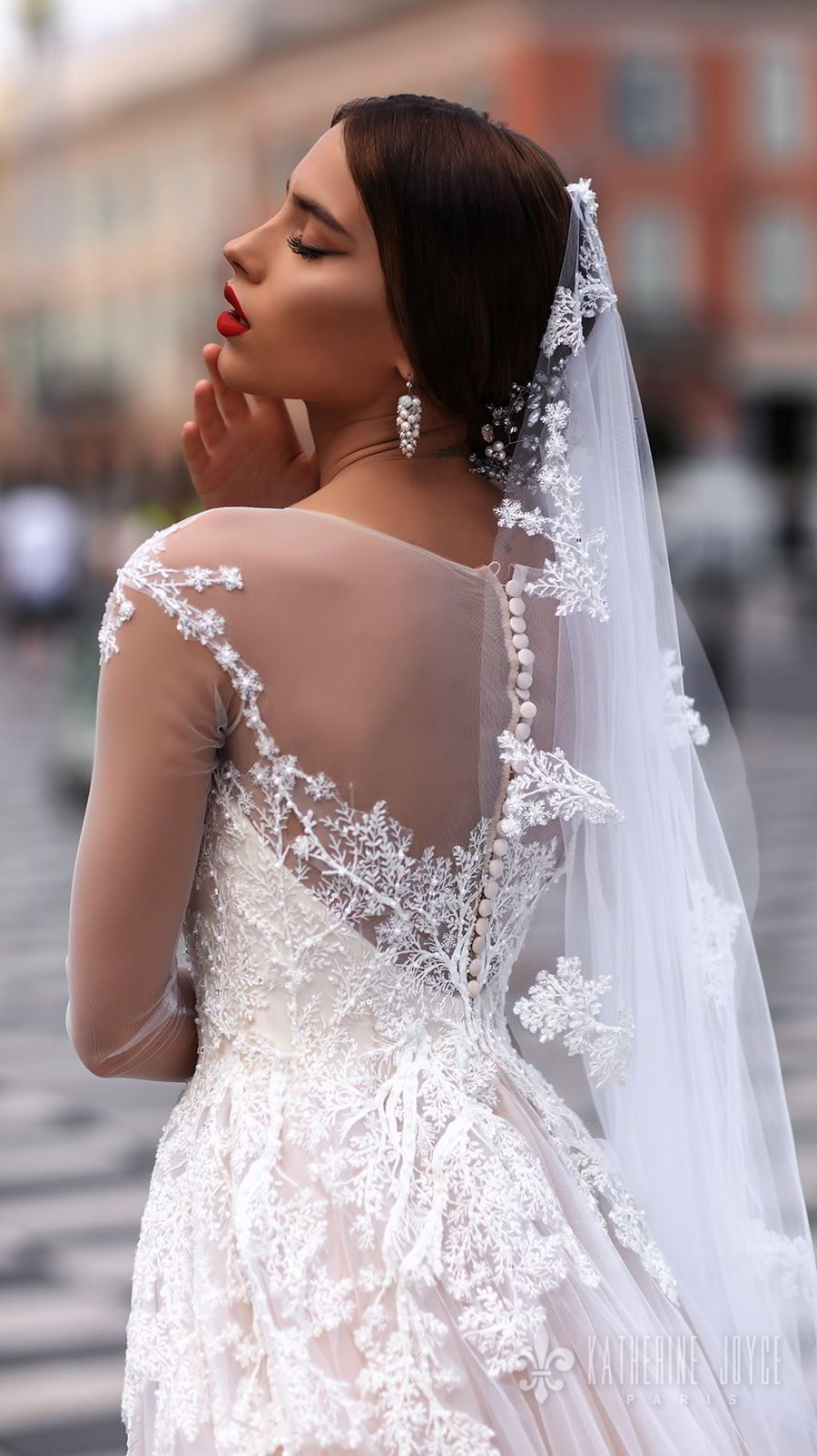 katherine joyce 2018 bridal long sleeves sheer jewel neck sweetheart neckline heavily embellished bodice tulle skirt romantic blush a  line wedding dress sheer back chapel train (dolores) zbv