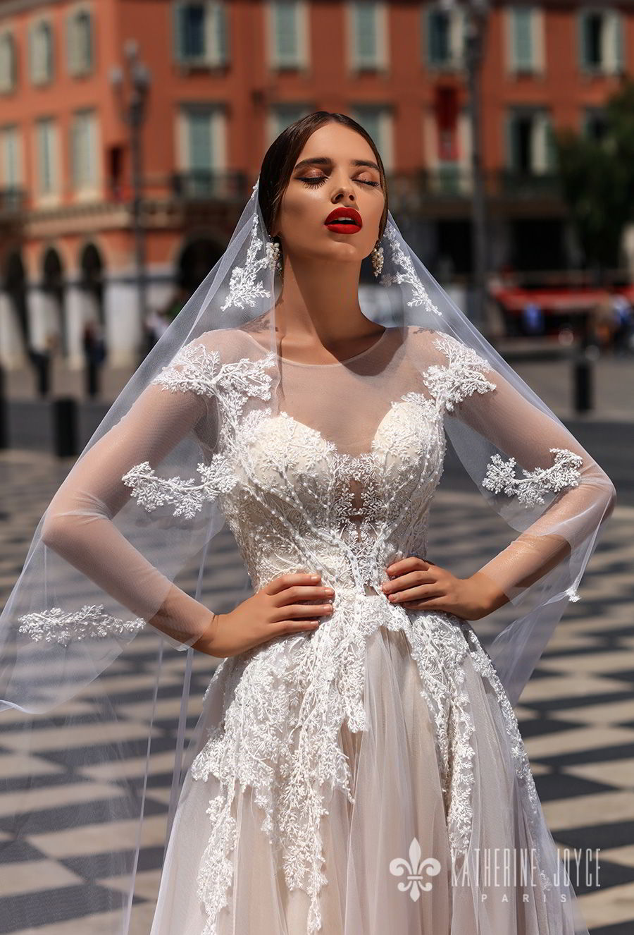 katherine joyce 2018 bridal long sleeves sheer jewel neck sweetheart neckline heavily embellished bodice tulle skirt romantic blush a  line wedding dress sheer back chapel train (dolores) zv