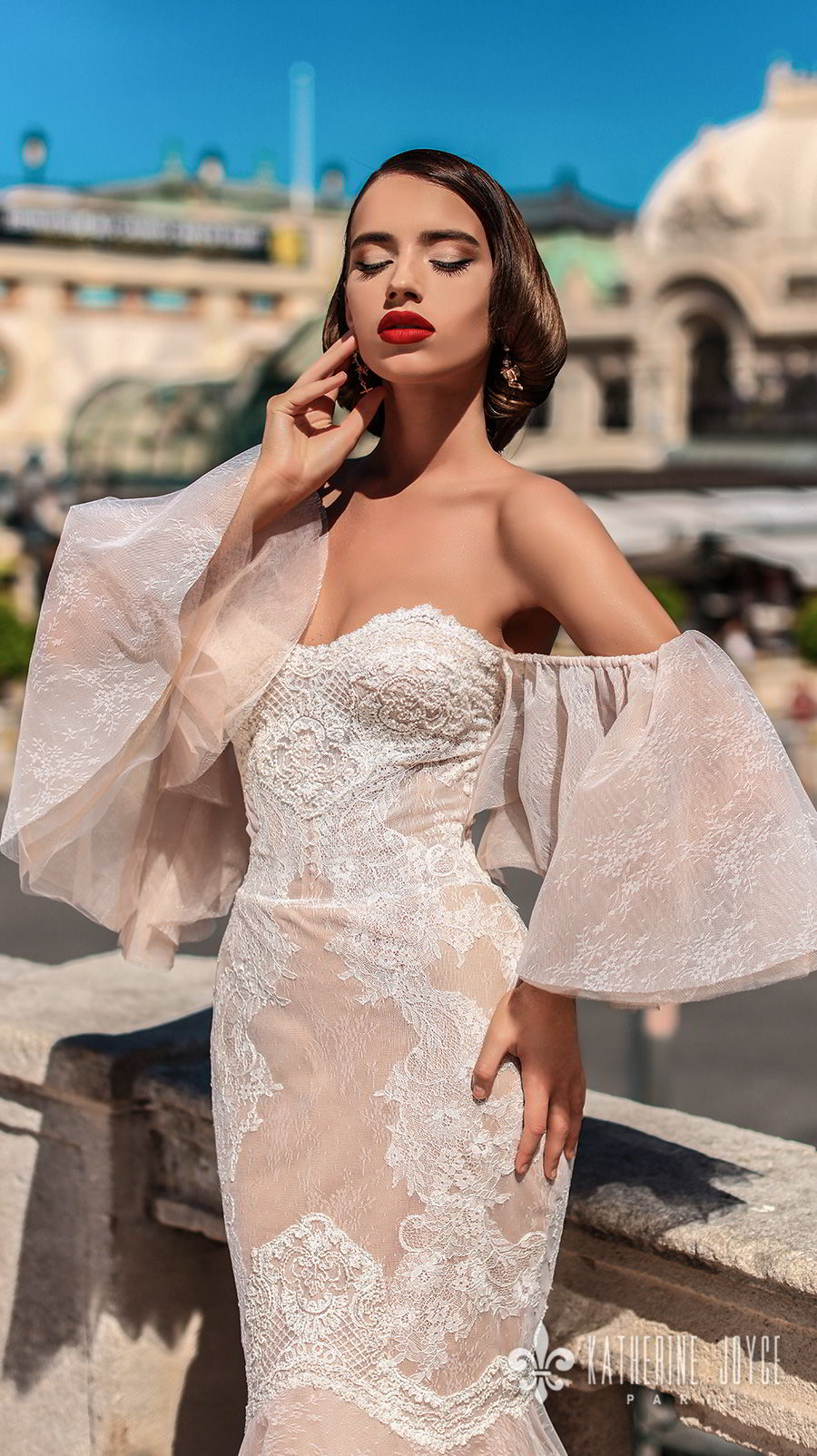 katherine joyce 2018 bridal off the shoulder funnel sleeves strapless sweetheart neckline heavily embellished bodice elegant sexy mermaid wedding dress chapel train (bonita) zv