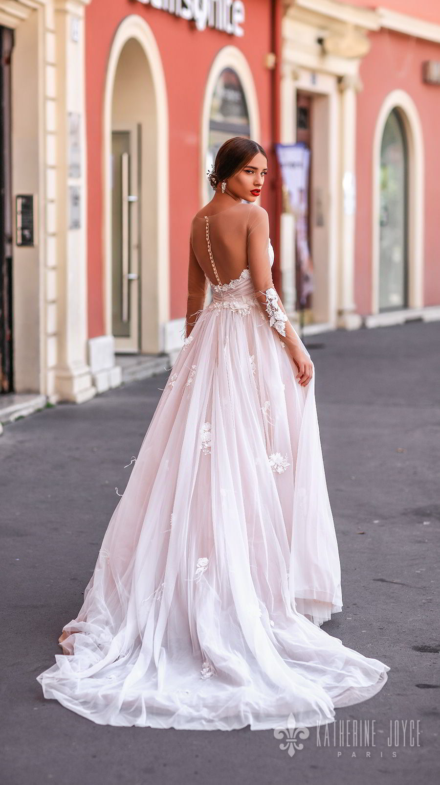 katherine joyce 2018 bridal sheer long sleeves illusion bateau strapless sweetheart neckline heavily embellished bodice romantic pink a  line wedding dress chapel train (catalina) bv