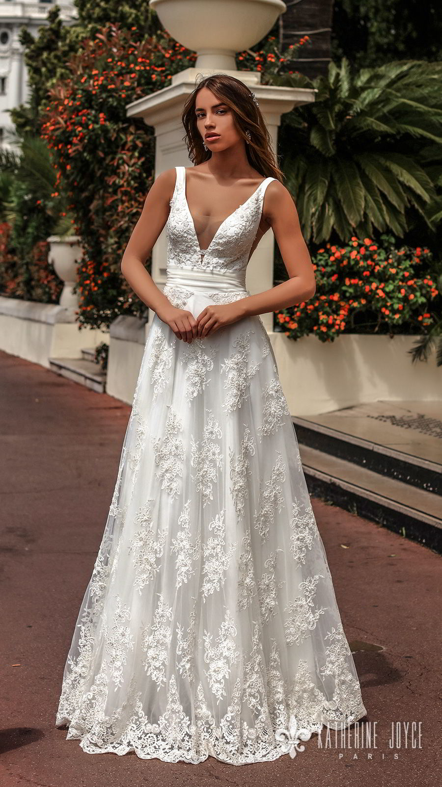 katherine joyce 2018 bridal sleeveless deep v neckline full embellishment side open romantic a  line wedding dress corset back sweep train (perla) mv