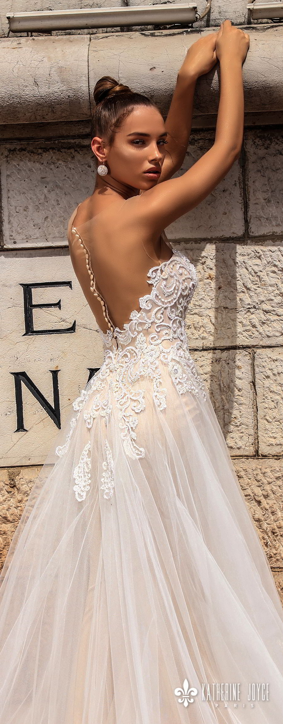 katherine joyce 2018 bridal sleeveless illusion bateau sweetheart neckline heavily embellished bodice tulle skirt romantic a  line wedding dress sheer button back chapel train (consuela) zbv