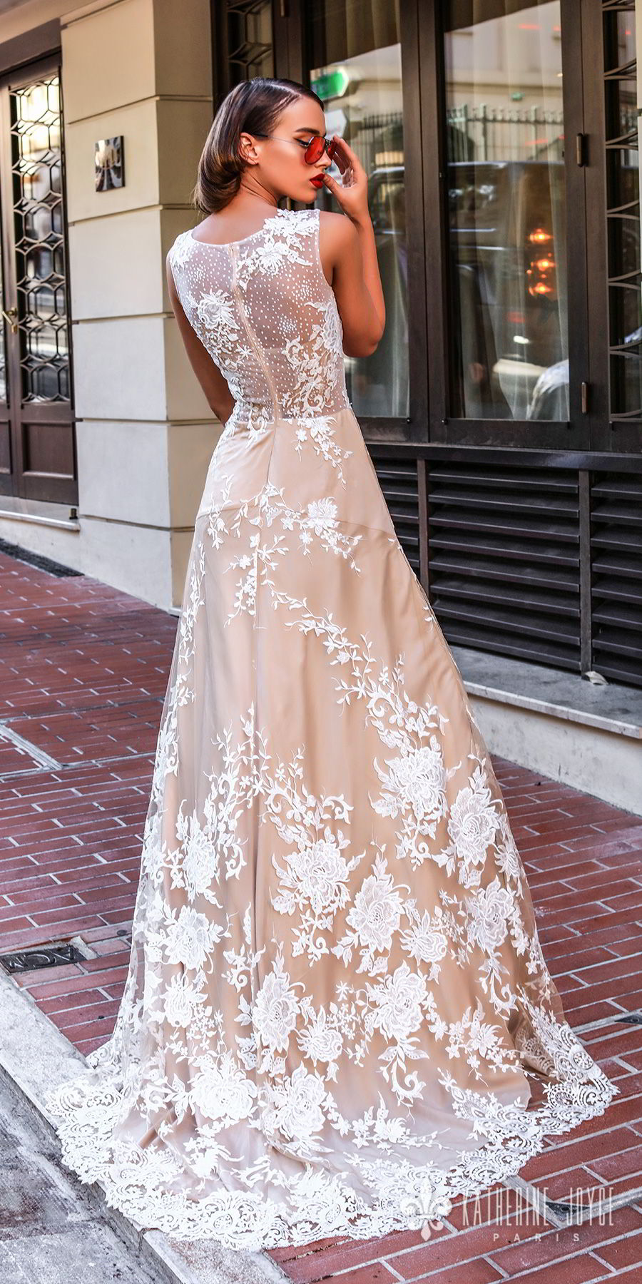 katherine joyce 2018 bridal sleeveless jewel neck full embellishment elegant romantic champagne color a  line wedding dress sheer lace back sweep train (marisabelle) bv