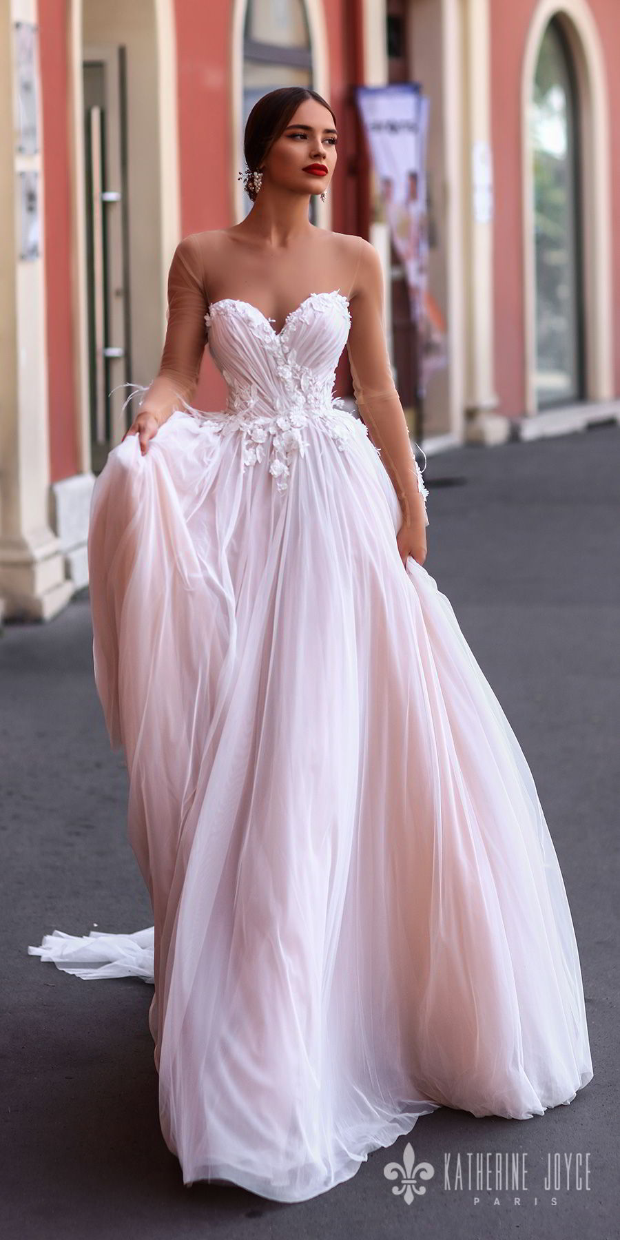 katherine joyce 2018 sheer long sleeves illusion bateau strapless sweetheart neckline heavily embellished bodice romantic pink a  line wedding dress sheer button back chapel train (catalina) mv 