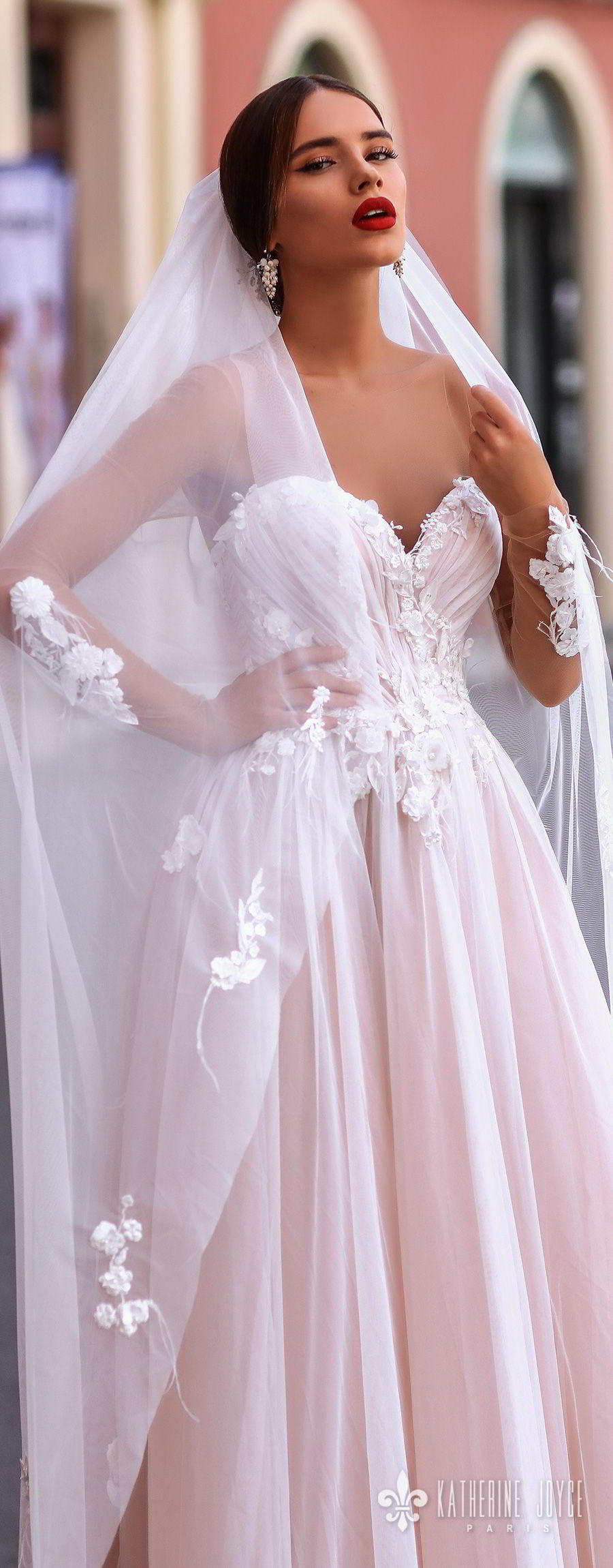 katherine joyce 2018 sheer long sleeves illusion bateau strapless sweetheart neckline heavily embellished bodice romantic pink a  line wedding dress sheer button back chapel train (catalina) zv