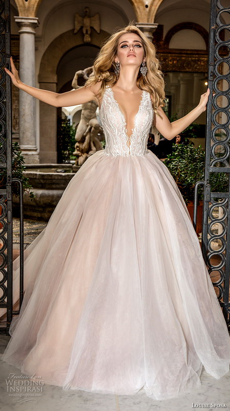 louise sposa 2018 bridal sleeveless deep plunging v neck heavily embellished bodice romantic blush color ball gown a  line wedding dress open v back chapel train (19) mv