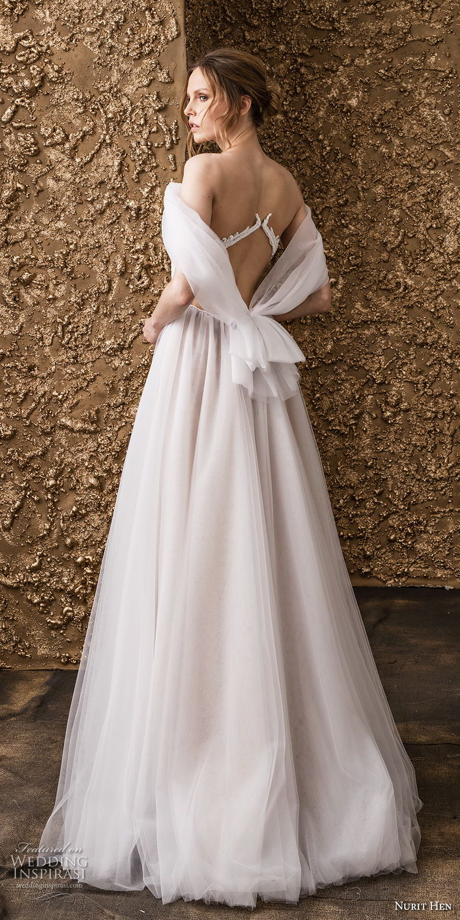 nurit hen 2018 bridal off the shoulder deep v neck ruched bodice romantic soft a  line wedding dress sweep train (4) bv