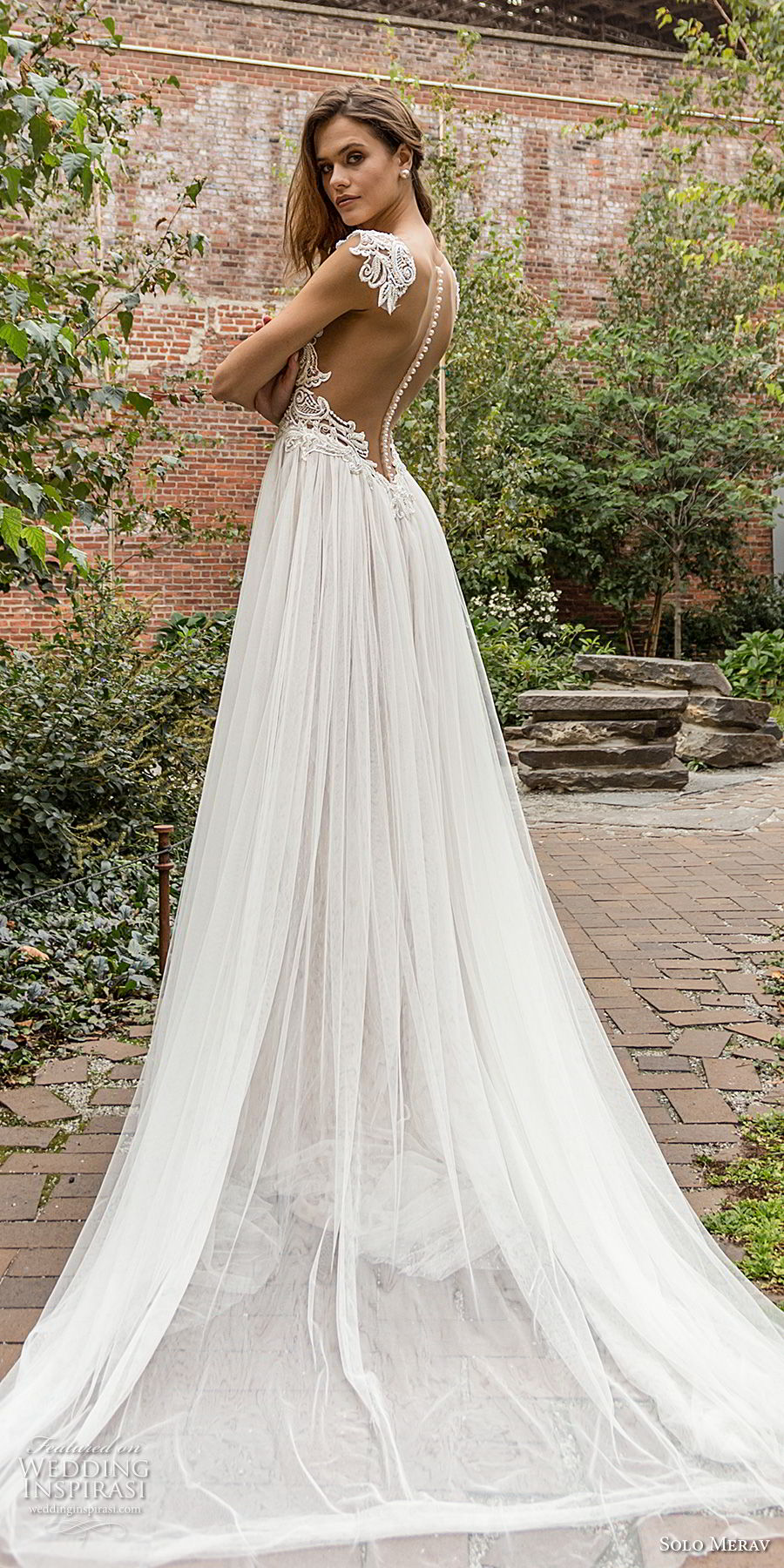 solo merav 2018 bridal cap sleeves deep plunging v neck heavily embellished bodice romantic soft a  line wedding dress sheer button back chapel train (2) bv
