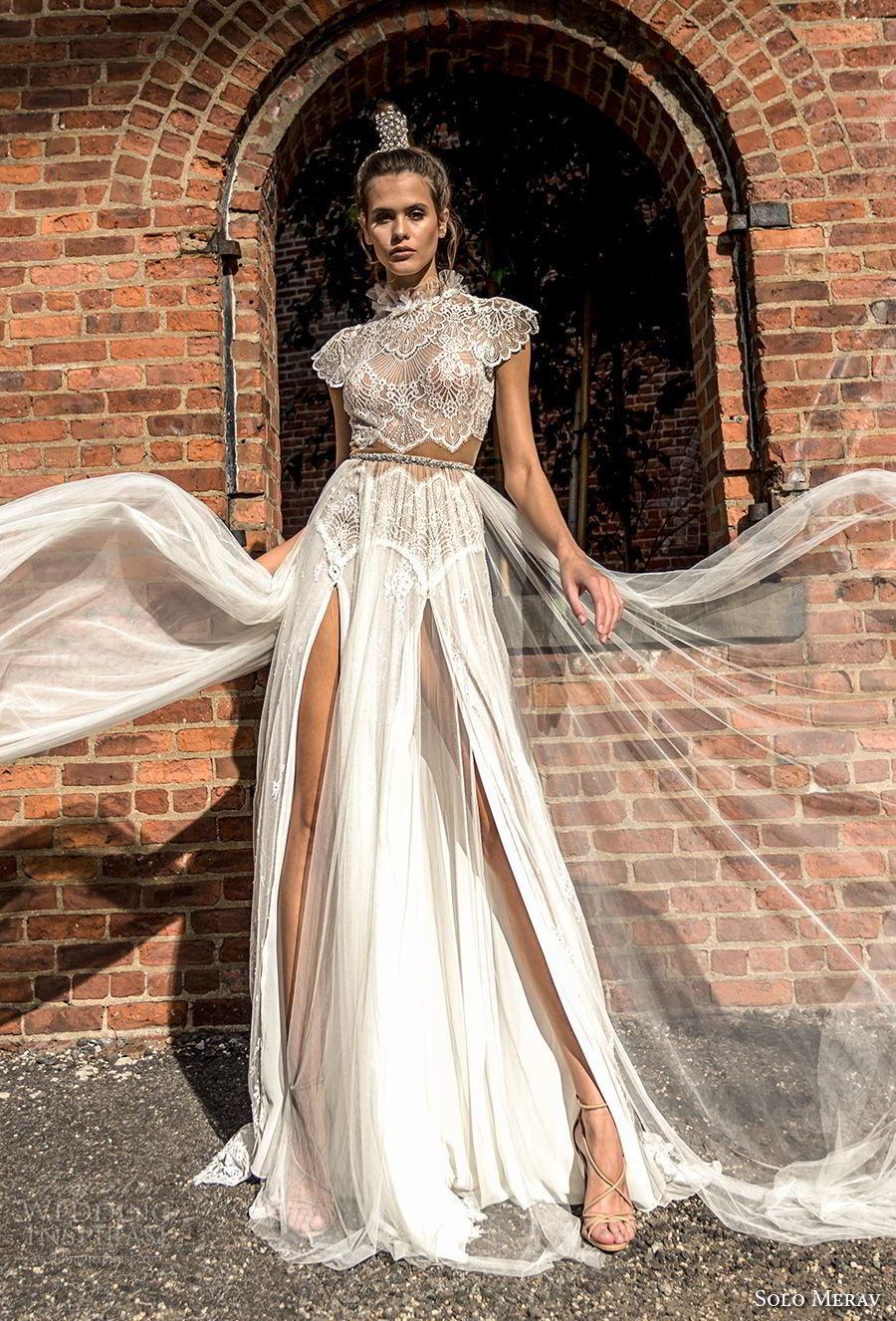 solo merav 2018 bridal cap sleeves high neck heavily embellished bodice crop top double slit skirt romantic a  line wedding dress keyhole back chapel train (16) mv