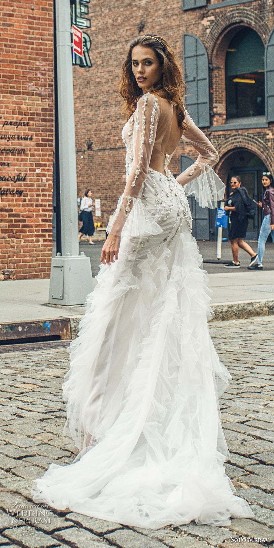 solo merav 2018 bridal long lantern sleeves deep v neck heavily embellished bodice ruffled skirt bohemian a  line wedding dress open back medium train (13) bv