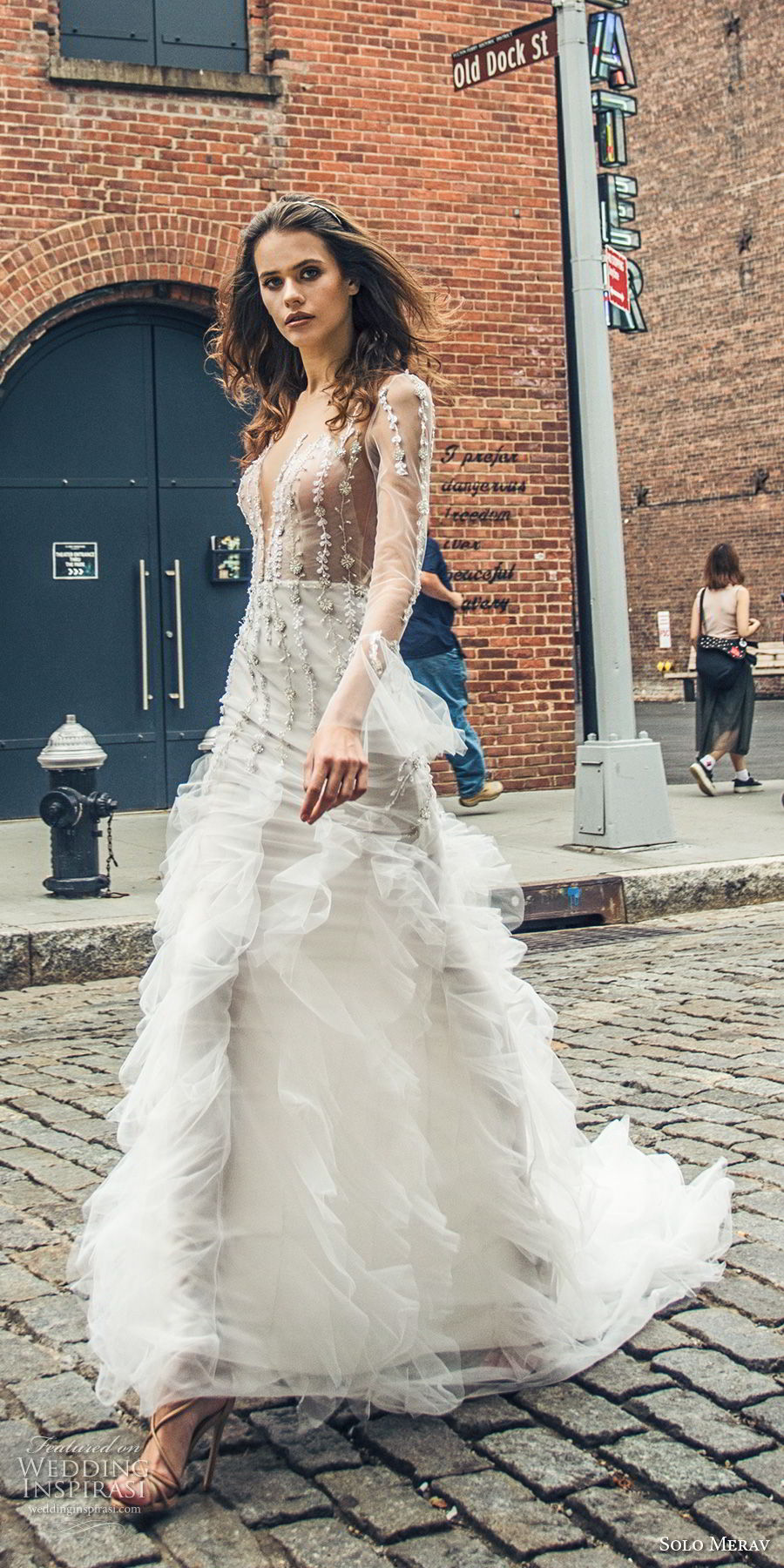 solo merav 2018 bridal long lantern sleeves deep v neck heavily embellished bodice ruffled skirt bohemian a  line wedding dress open back medium train (13) mv