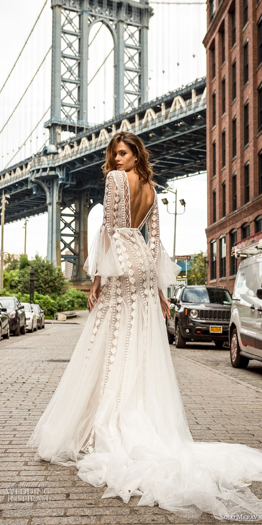 solo merav 2018 bridal long lantern sleeves v neck full embellishment bohemian mermaid wedding dress open back medium train (5) bv