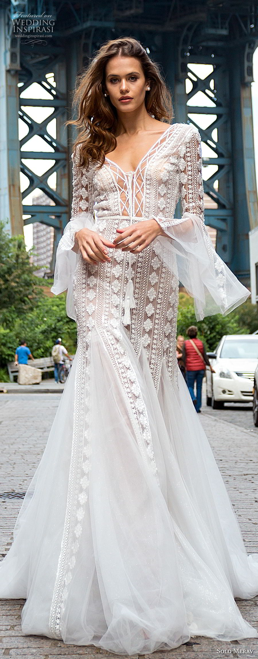 solo merav 2018 bridal long lantern sleeves v neck full embellishment bohemian mermaid wedding dress open back medium train (5) mv