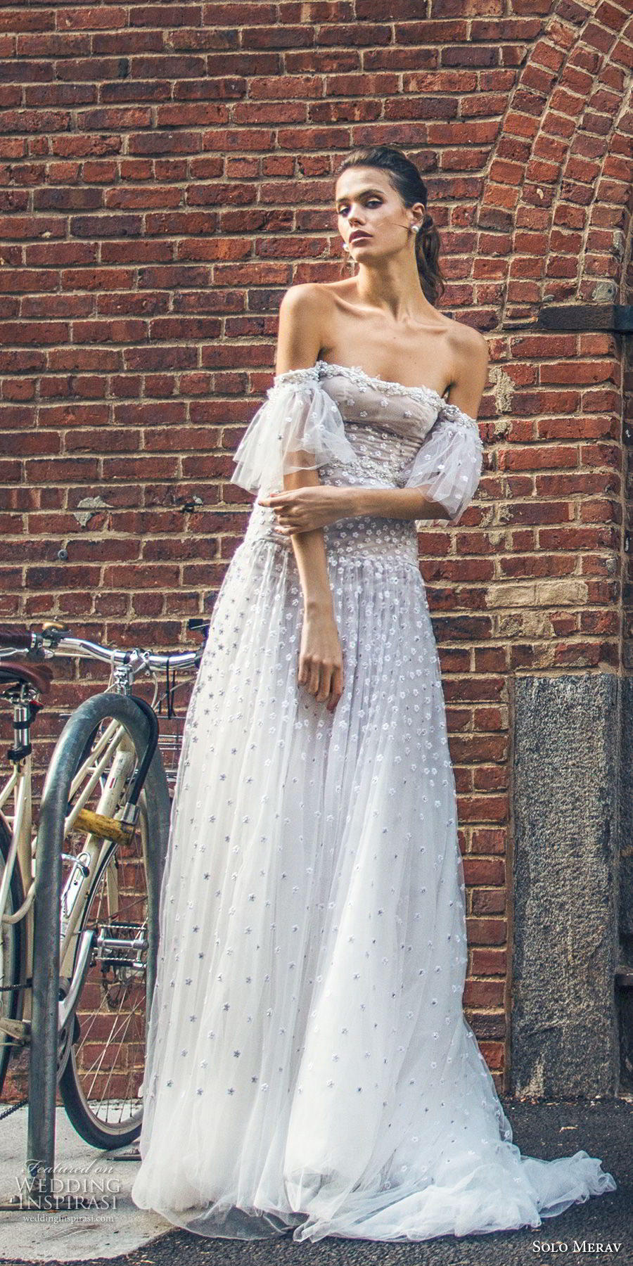 solo merav 2018 bridal off the shoulder half lantern sleeves straight across neckline full embellishment romantic soft a  line wedding dress sweep train (8) mv