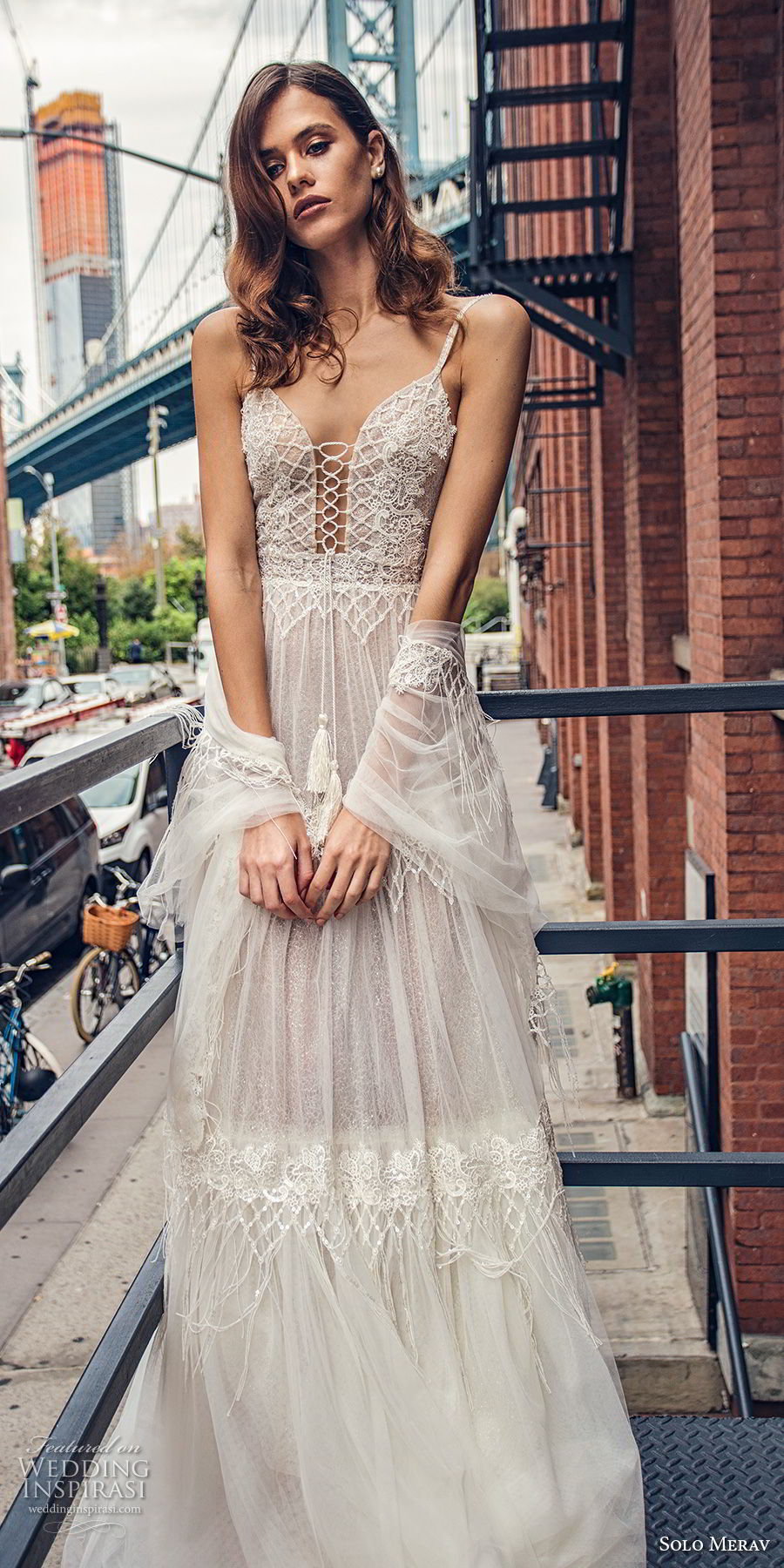 solo merav 2018 bridal sleeveless thin strap deep plunging sweetheart neckline heavily embellished bodice romantic bohemian soft a  line wedding dress open back chapel train (4) mv