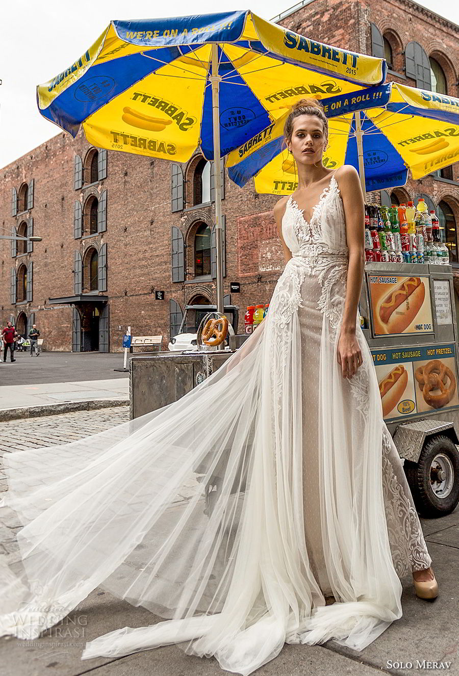 solo merav 2018 bridal sleeveless v neck heavily embellished bodice tulle skirt romantic a  line wedding dress sheer button back medium train (17) mv
