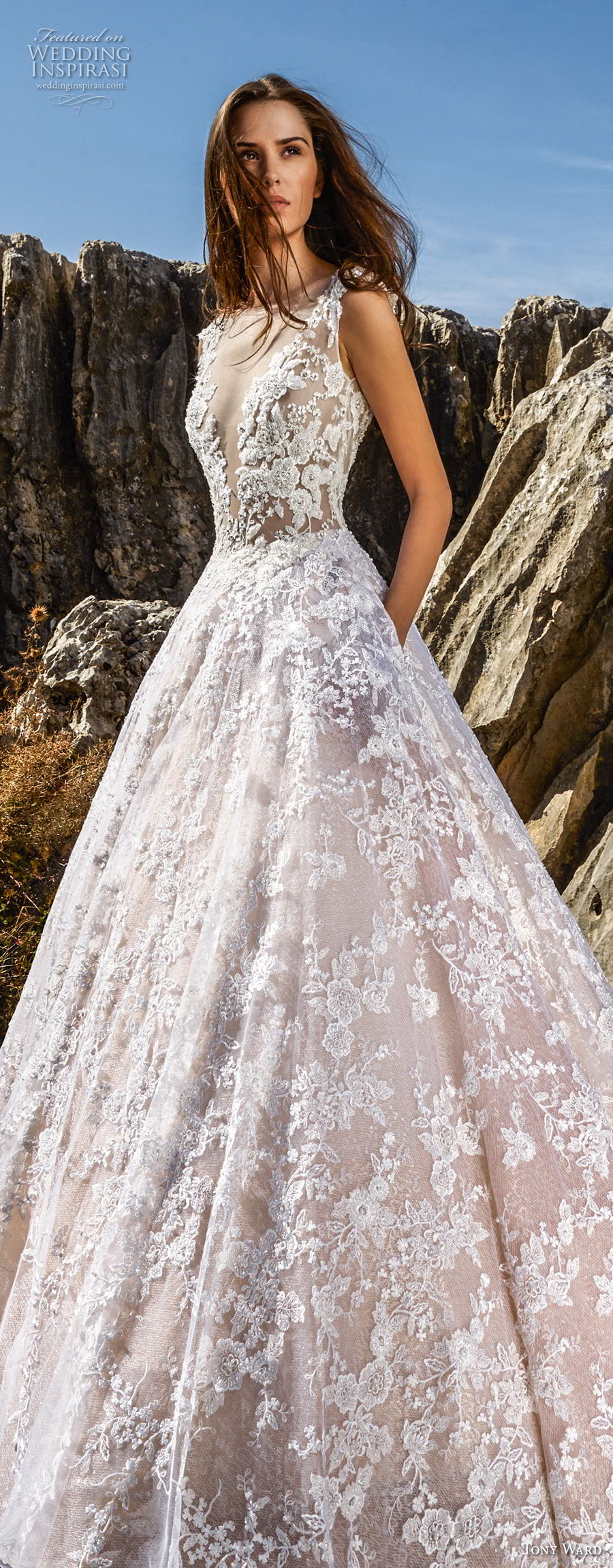 tony ward fall 2018 bridal sleeveless illusion bateau deep v neckline full embellishment romantic blush a  line wedding dress with pockets sweep train (5) lv