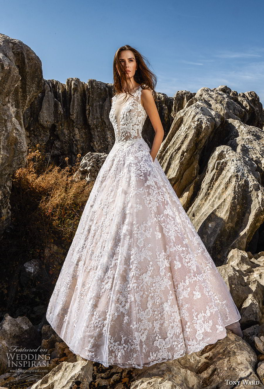 tony ward fall 2018 bridal sleeveless illusion bateau deep v neckline full embellishment romantic blush a  line wedding dress with pockets sweep train (5) mv