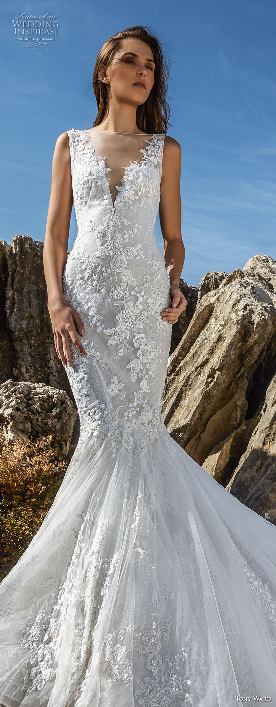 tony ward fall 2018 bridal sleeveless illusion bateau v neck heavily embellished bodice elegant mermaid wedding dress chapel train (13) lv