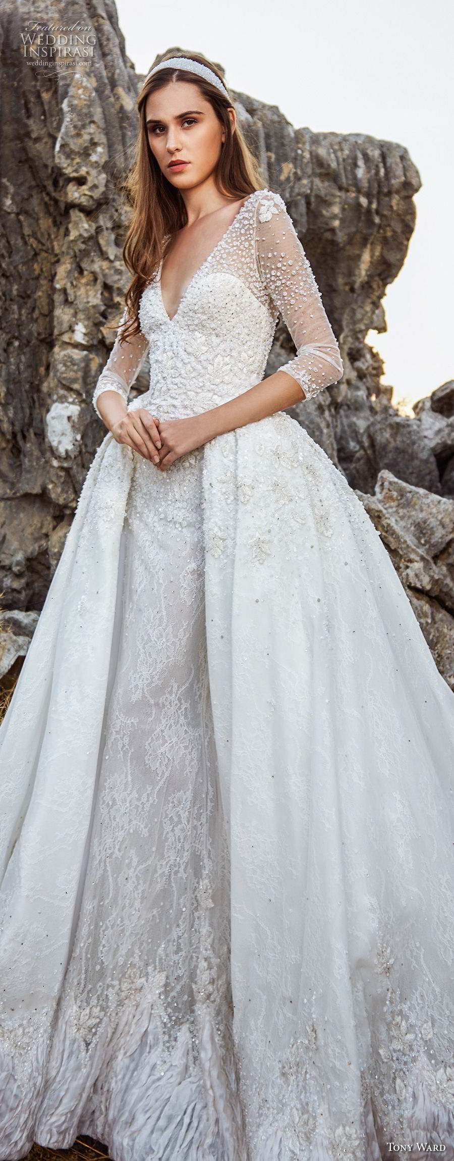 tony ward fall 2018 bridal three quarter sleeves v neck heavily embellished bodice romantic princess ball gown a  line wedding dress overskirt chapel train (2) lv