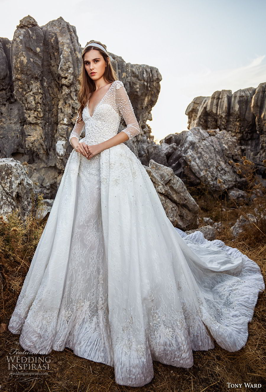 tony ward fall 2018 bridal three quarter sleeves v neck heavily embellished bodice romantic princess ball gown a  line wedding dress overskirt chapel train (2) mv