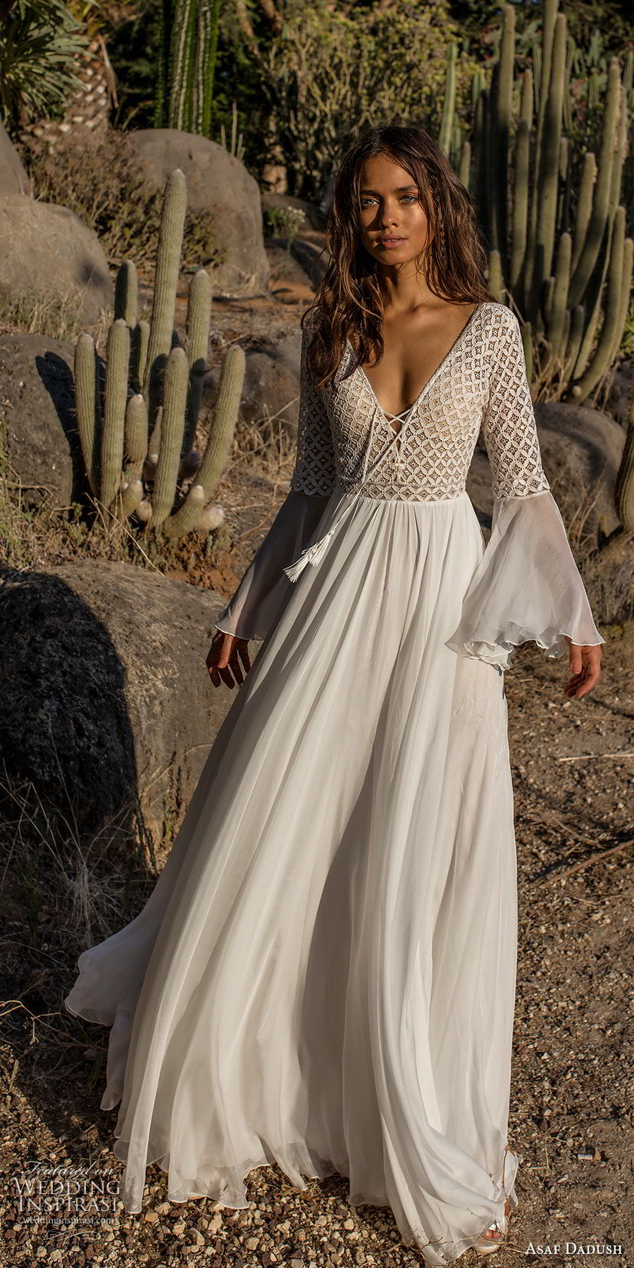 asaf dadush 2018 bridal long lantern sleeves deep v neckline heavily embellished bodice romantic bohemian soft a  line wedding dress open back sweep train (2) mv