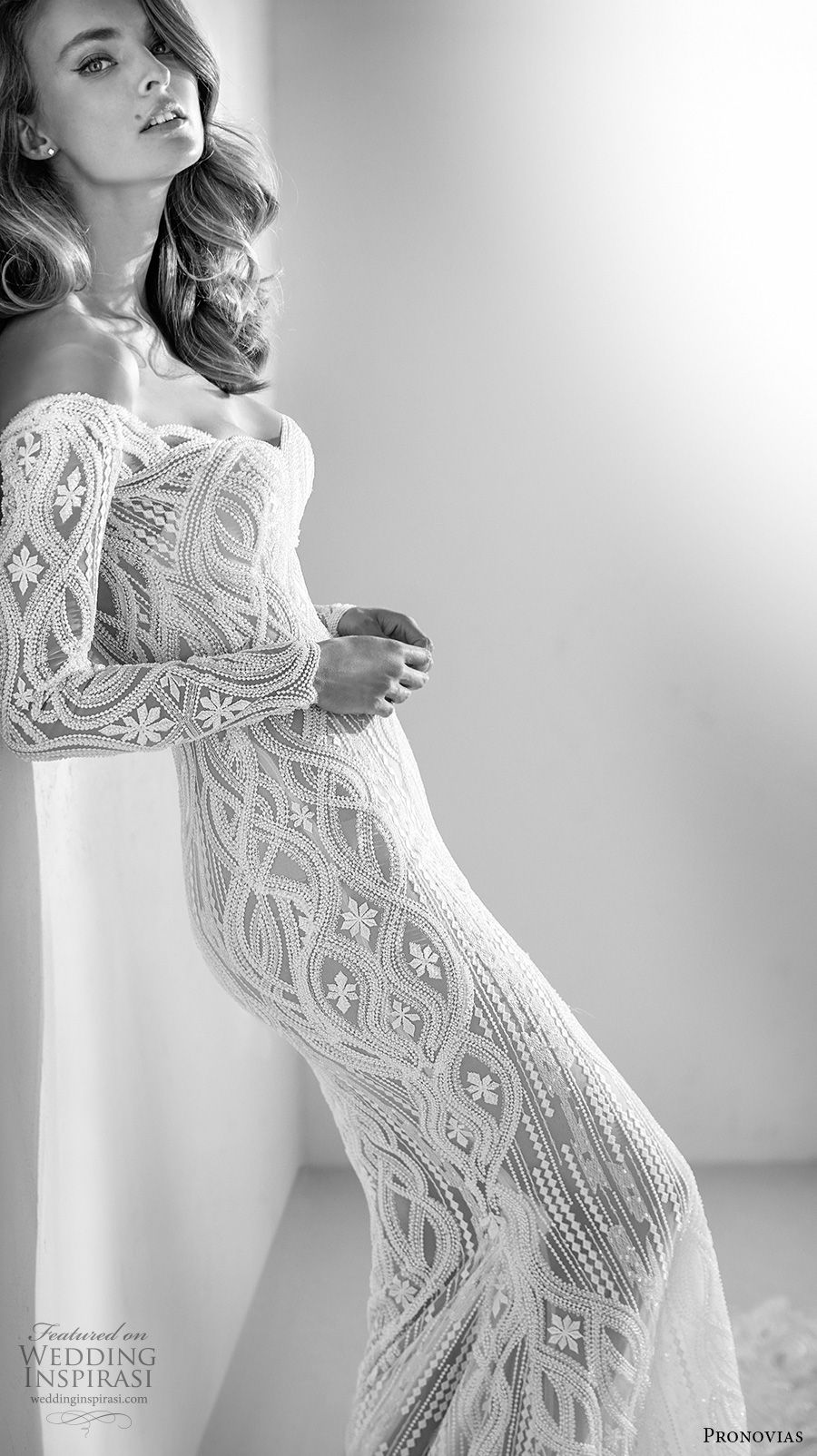 atelier pronovias 2018 bridal long sleeves sweetheart neckline full embellishment elegant fit and flare wedding dress sheer button back chapel train (3) zv