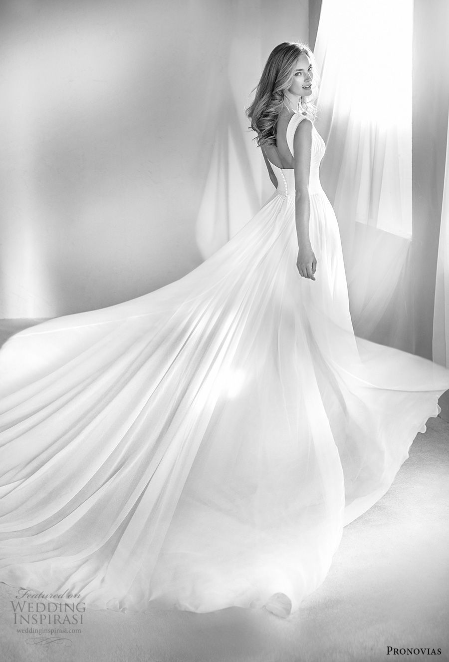 atelier pronovias 2018 bridal sleeveless deep v neckline ruched bodice simple romantic soft a  line wedding dress square back chapel train (16) bv