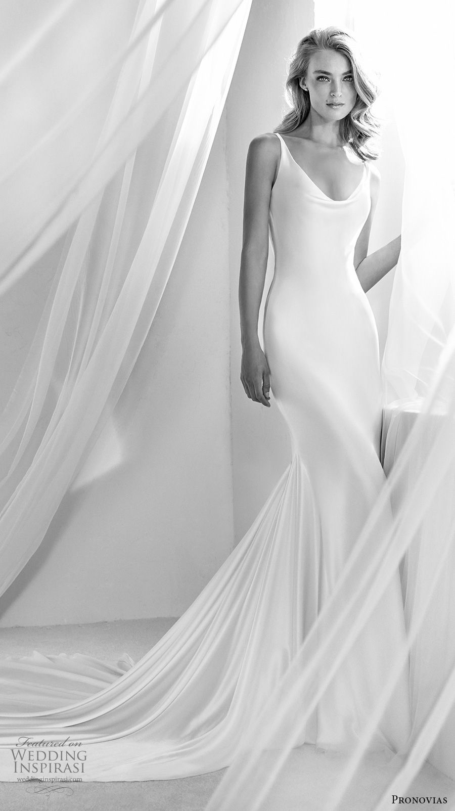 atelier pronovias 2018 bridal sleeveless scoop neck simple clean elegant fit and flare wedding dress open scoop back chapel train (8) mv
