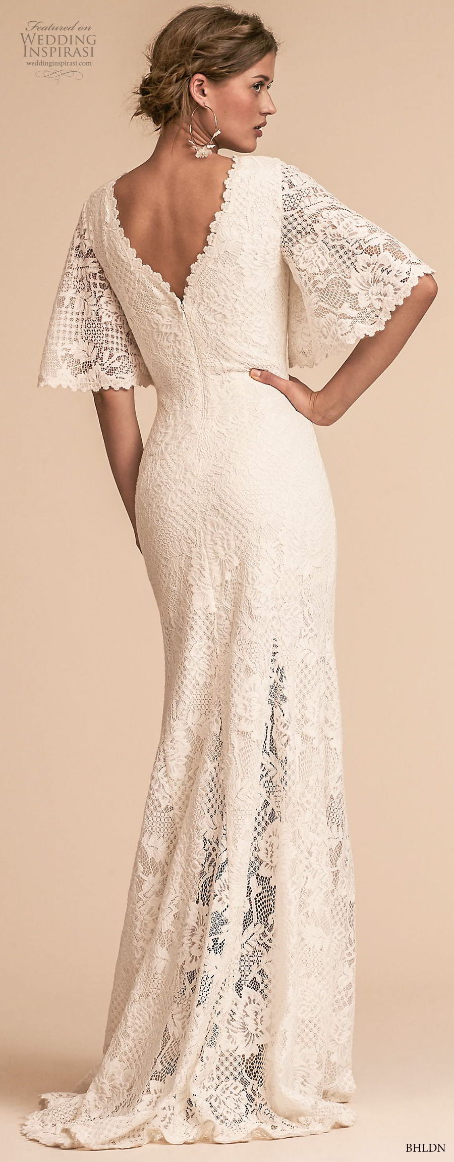 bhldn 2018 away bridal half bell sleeves v neck full embellishment bohemian vintage sheath wedding dress v back sweep train (4) bv