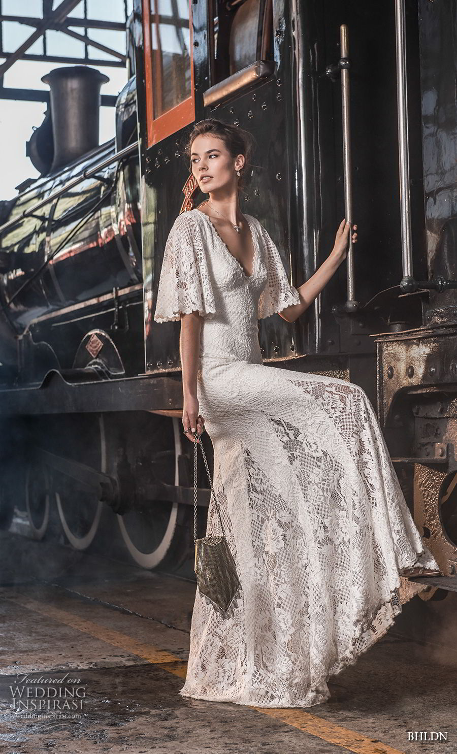 bhldn 2018 away bridal half bell sleeves v neck full embellishment bohemian vintage sheath wedding dress v back sweep train (4) mv