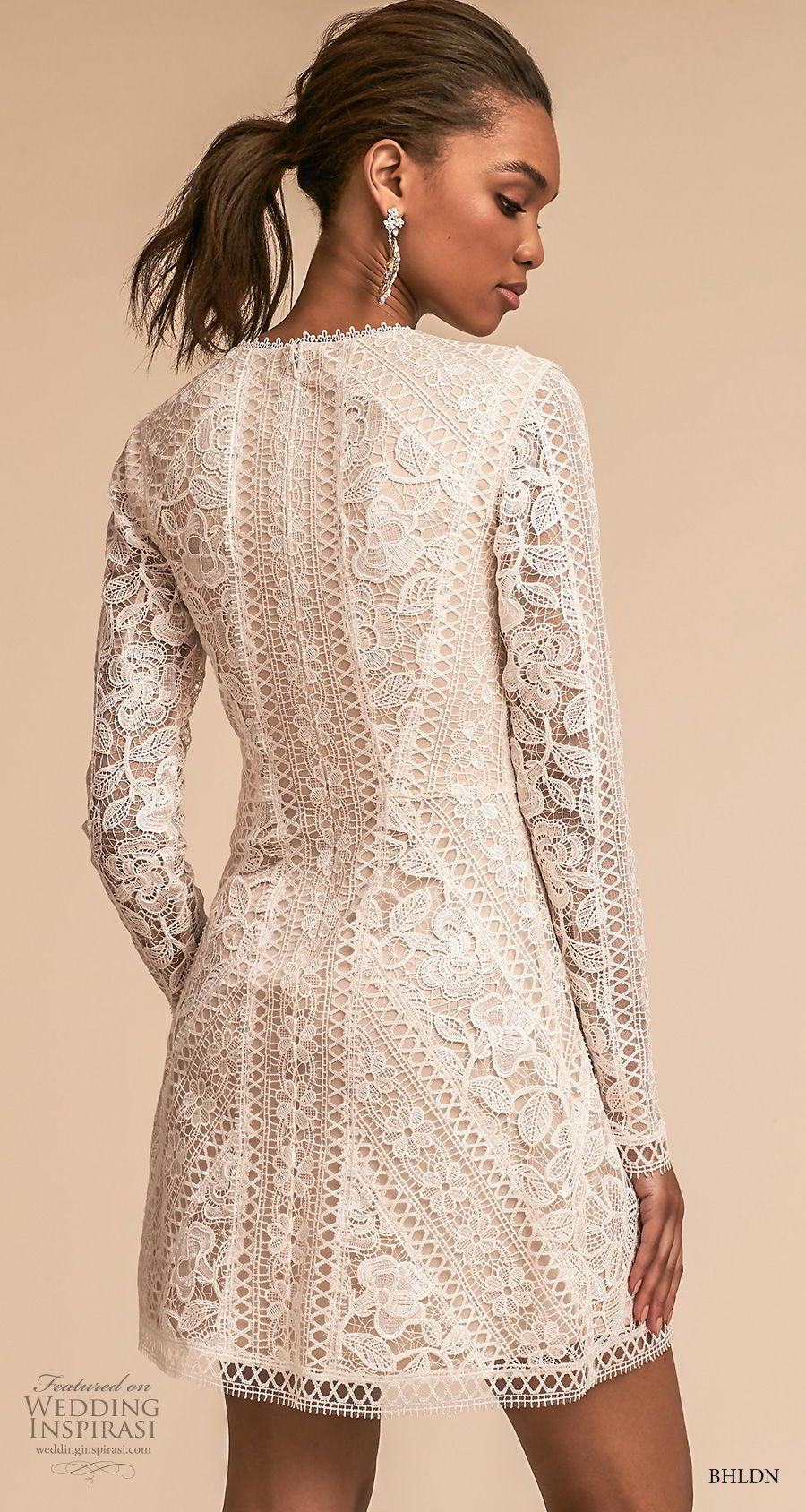 bhldn 2018 away bridal long sleeves jewel neck full embellishment bohemian above the knee short wedding dress covered lace back (1) bv