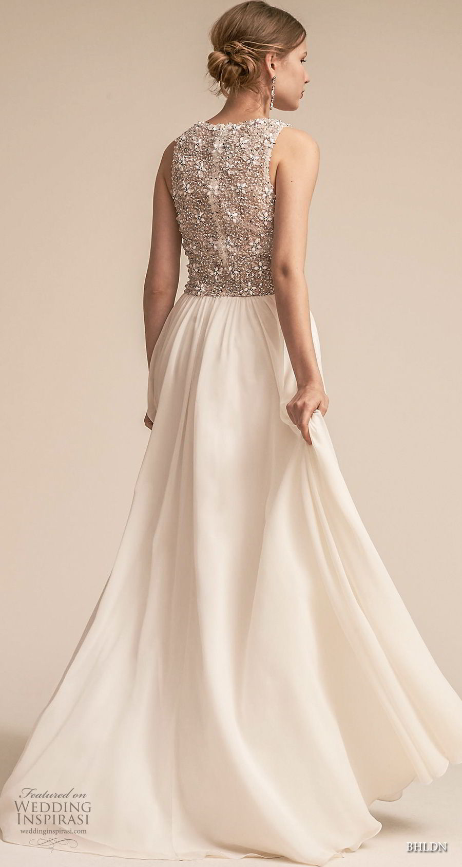 bhldn 2018 away bridal sleeveless deep v neck heavily embellished bodice romantic glamorous soft a  line wedding dress covered back sweep train (5) bv 