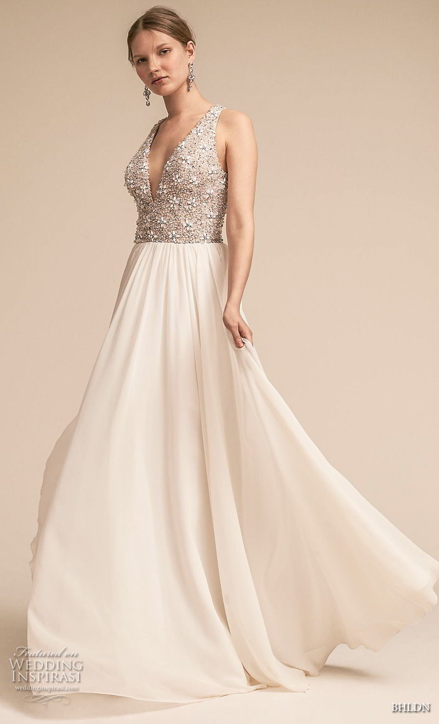 bhldn 2018 away bridal sleeveless deep v neck heavily embellished bodice romantic glamorous soft a  line wedding dress covered back sweep train (5) mv 