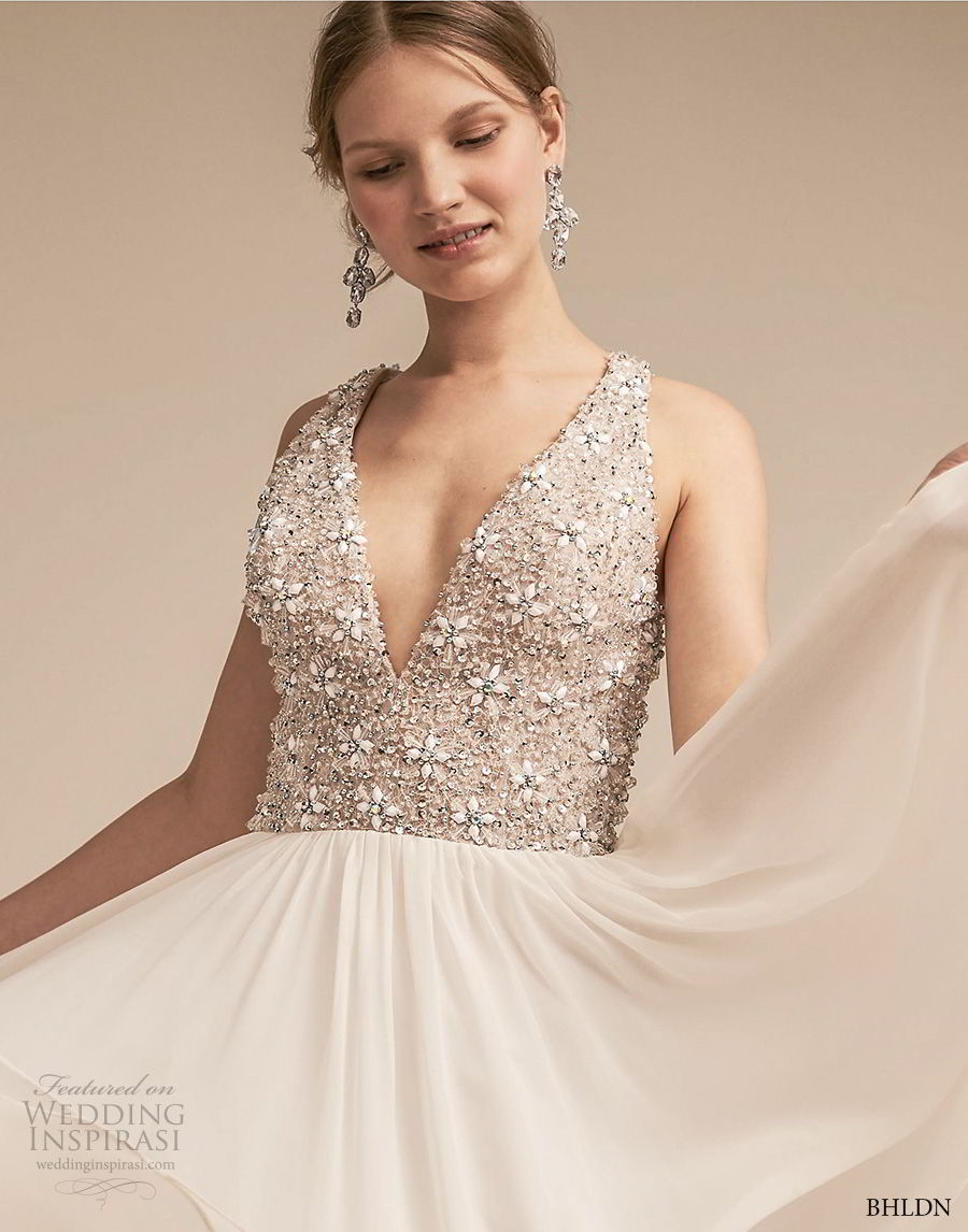 bhldn 2018 away bridal sleeveless deep v neck heavily embellished bodice romantic glamorous soft a  line wedding dress covered back sweep train (5) zv 