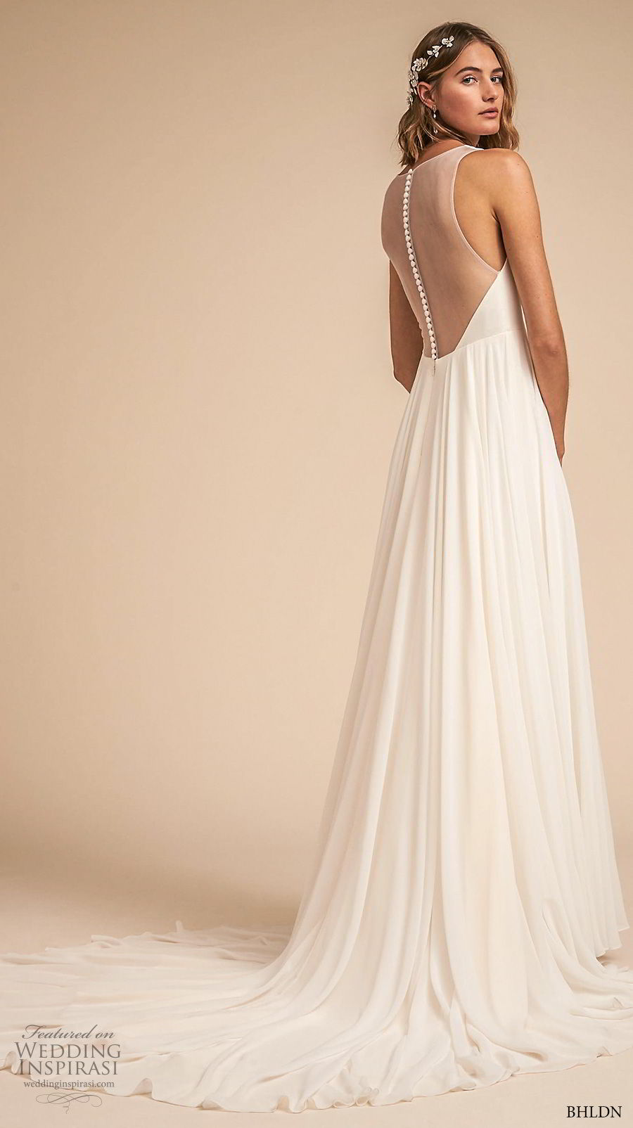 bhldn 2018 away bridal sleeveless deep v neck ruched bodice simple classic a  line weding dress sheer button back medium train (2) bv