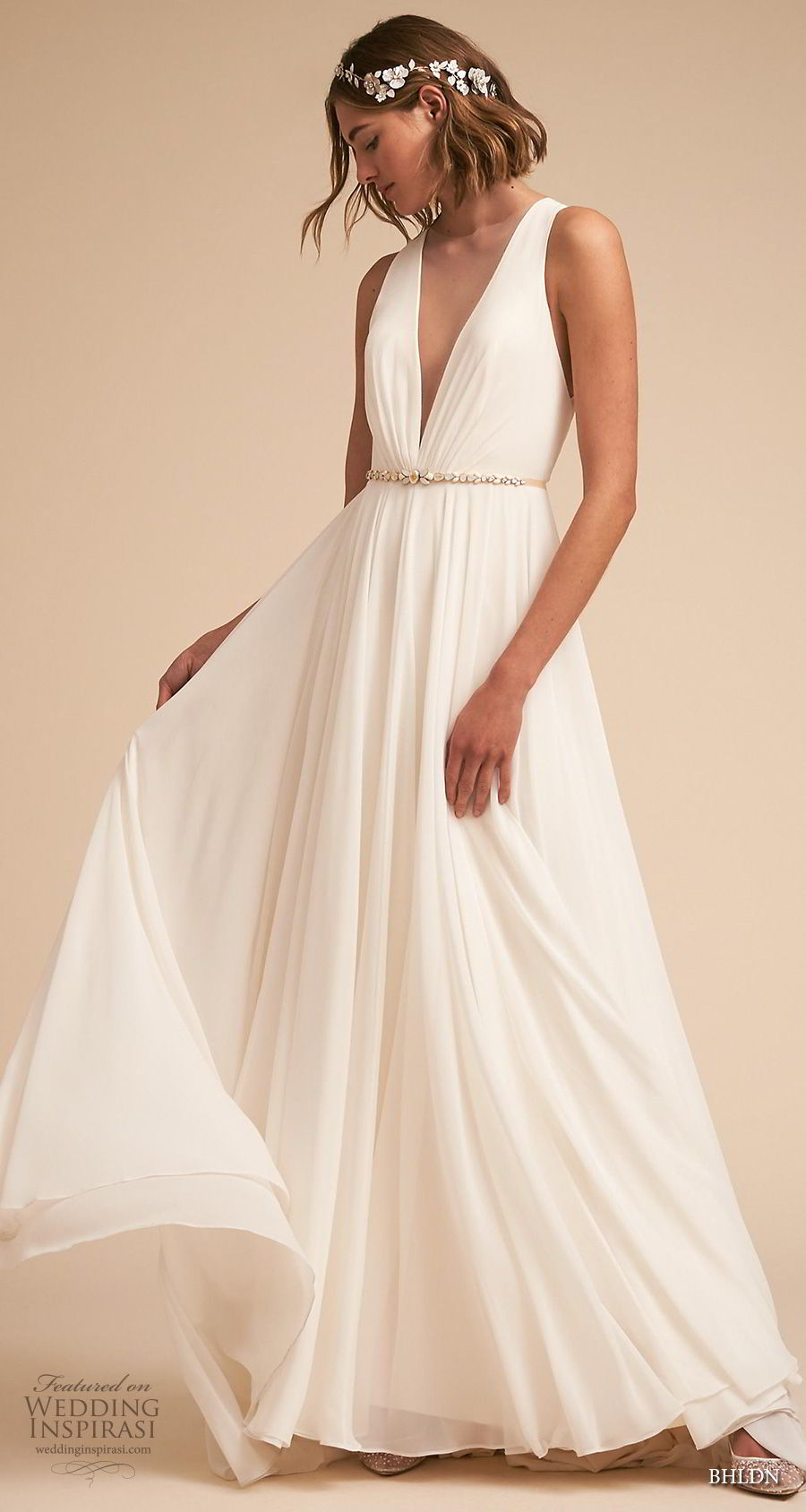 bhldn 2018 away bridal sleeveless deep v neck ruched bodice simple classic a  line weding dress sheer button back medium train (2) mv 