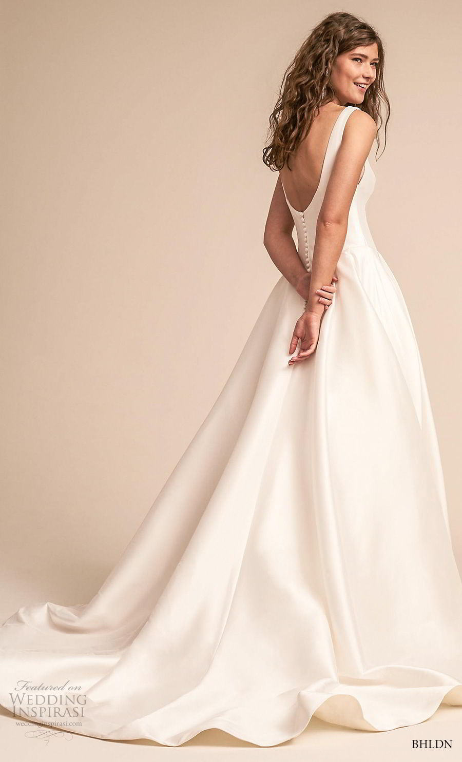 bhldn 2018 away bridal sleeveless scoop neckline simple clean bodice satin skirt classic ball gown a  line wedding dress scoop back chapel train (3) bv